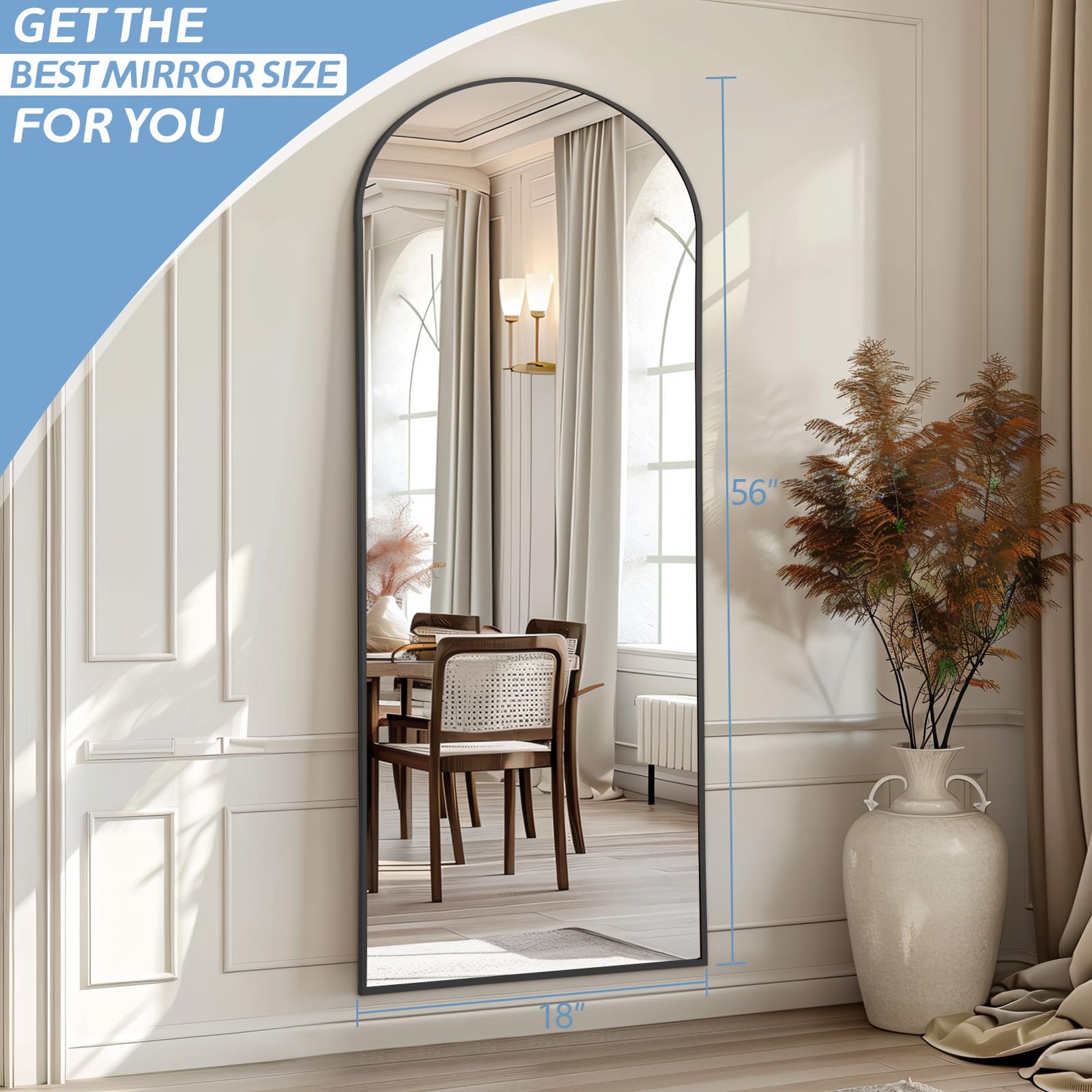 Oversized Floor Mirror Full Length with Stand, 72"X44" Extra Large Arch Standing Mirror Full Length, Tempered Glass Black Full Body Mirror for Bedroom Living Room, Aluminum Alloy Frame