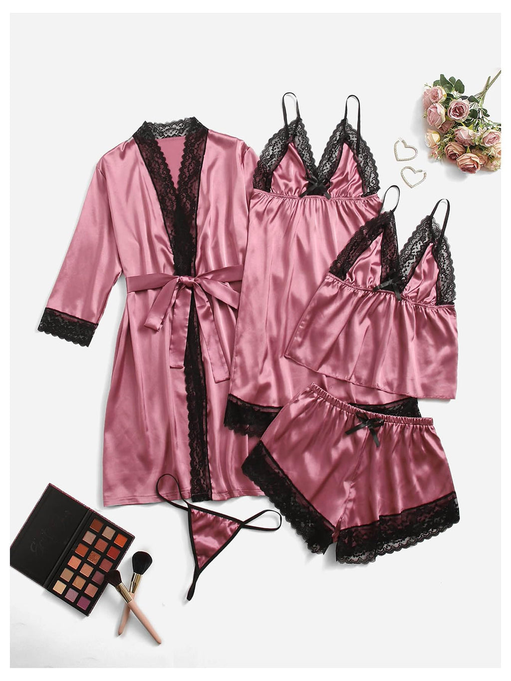 GORGLITTER Women's 5 Piece Floral Print Satin Pajama Set Nightgown Robe Cami Shorts Sleepwear with Storage Bag