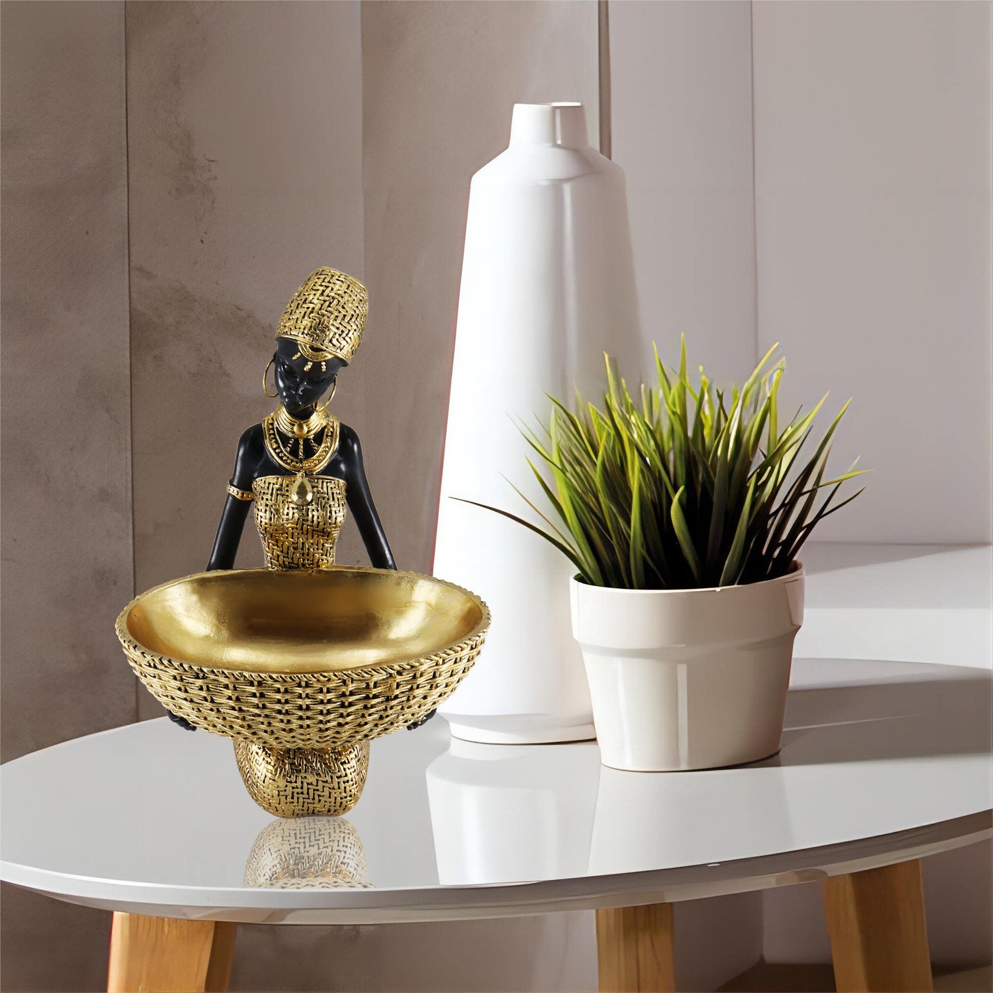 Handmade African Tribal Woman Sculpture - Gold Adorned Seated Figure with Basket, Vintage Resin Statue for Home Decor, Unique Housewarming Gift for Shelf/Table (9.65" H)
