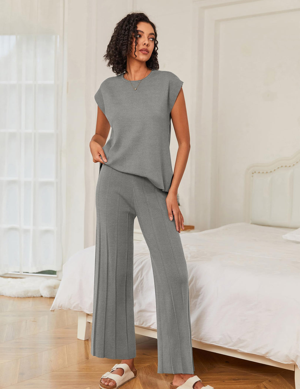 Ekouaer Lounge Sets for Women Two Piece Outfits Knit Cap Sleeve Tops Wide Leg Pleated Pants Casual Dressy Sweater Sets