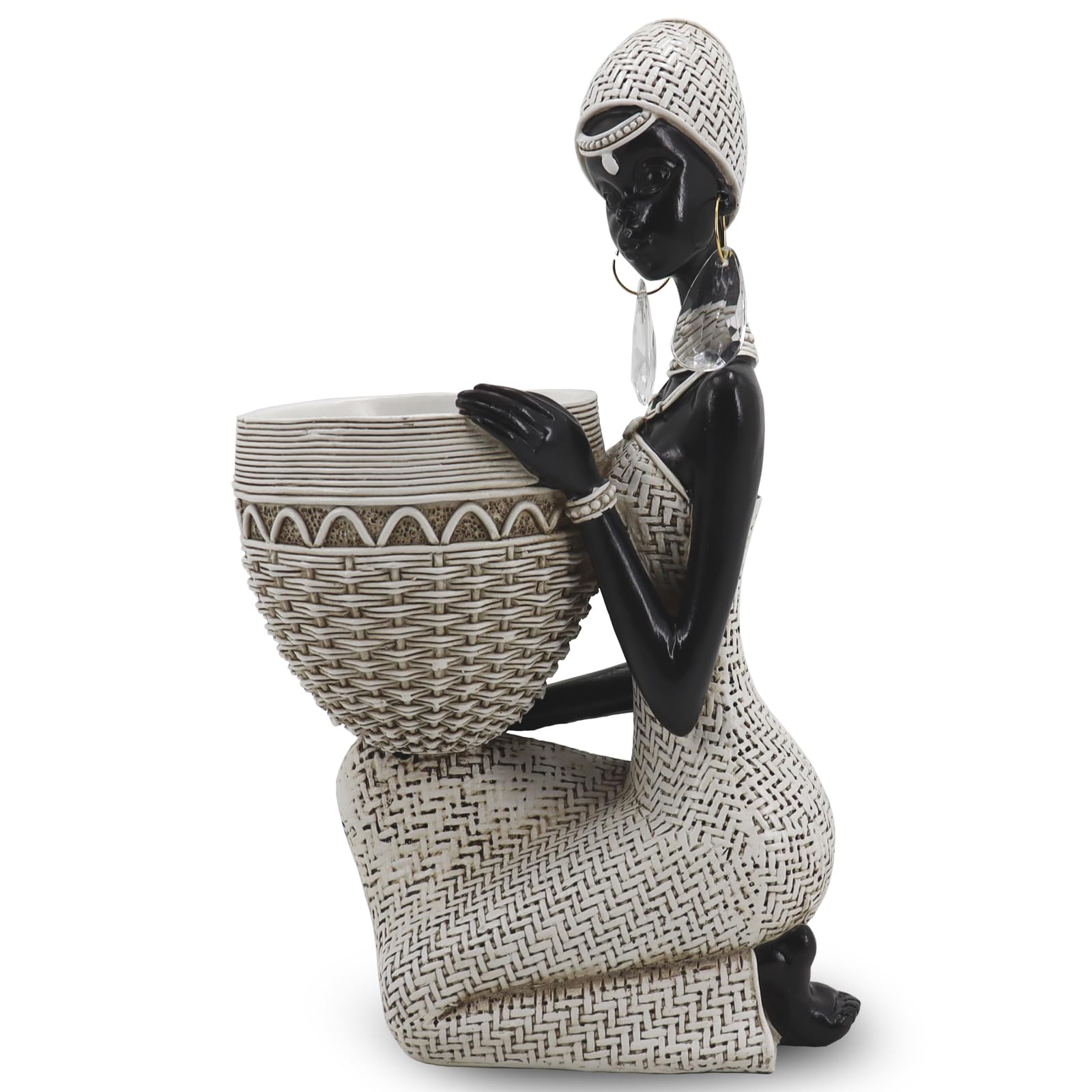 Handmade African Tribal Woman Sculpture - Gold Adorned Seated Figure with Basket, Vintage Resin Statue for Home Decor, Unique Housewarming Gift for Shelf/Table (9.65" H)