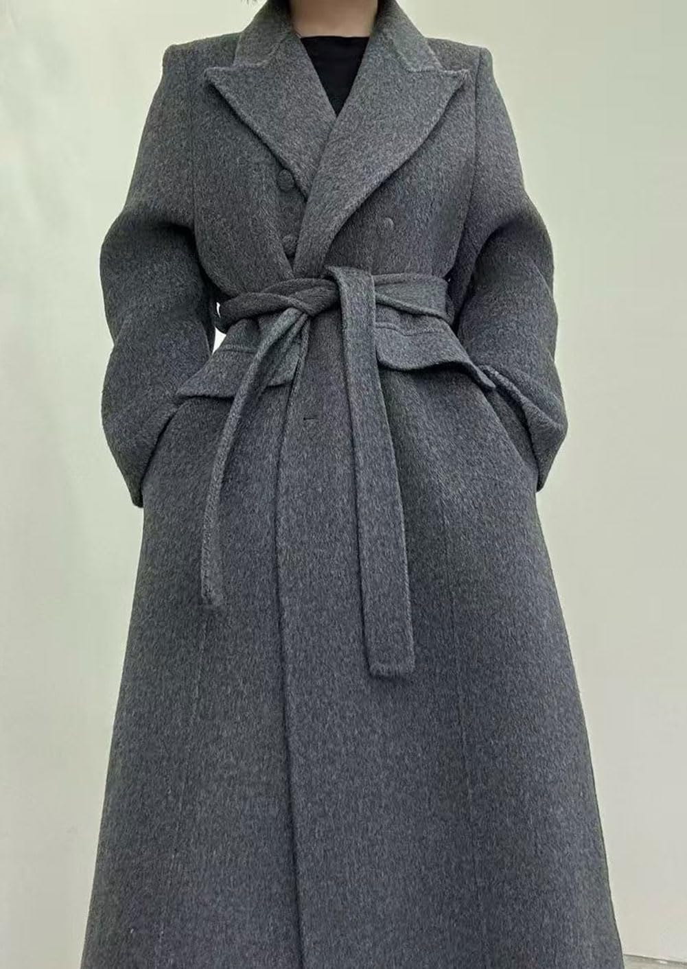 CHARTOU Women Long Winter Wool Pea Coat Lapel Double Breasted Trench Over Coat with Belt