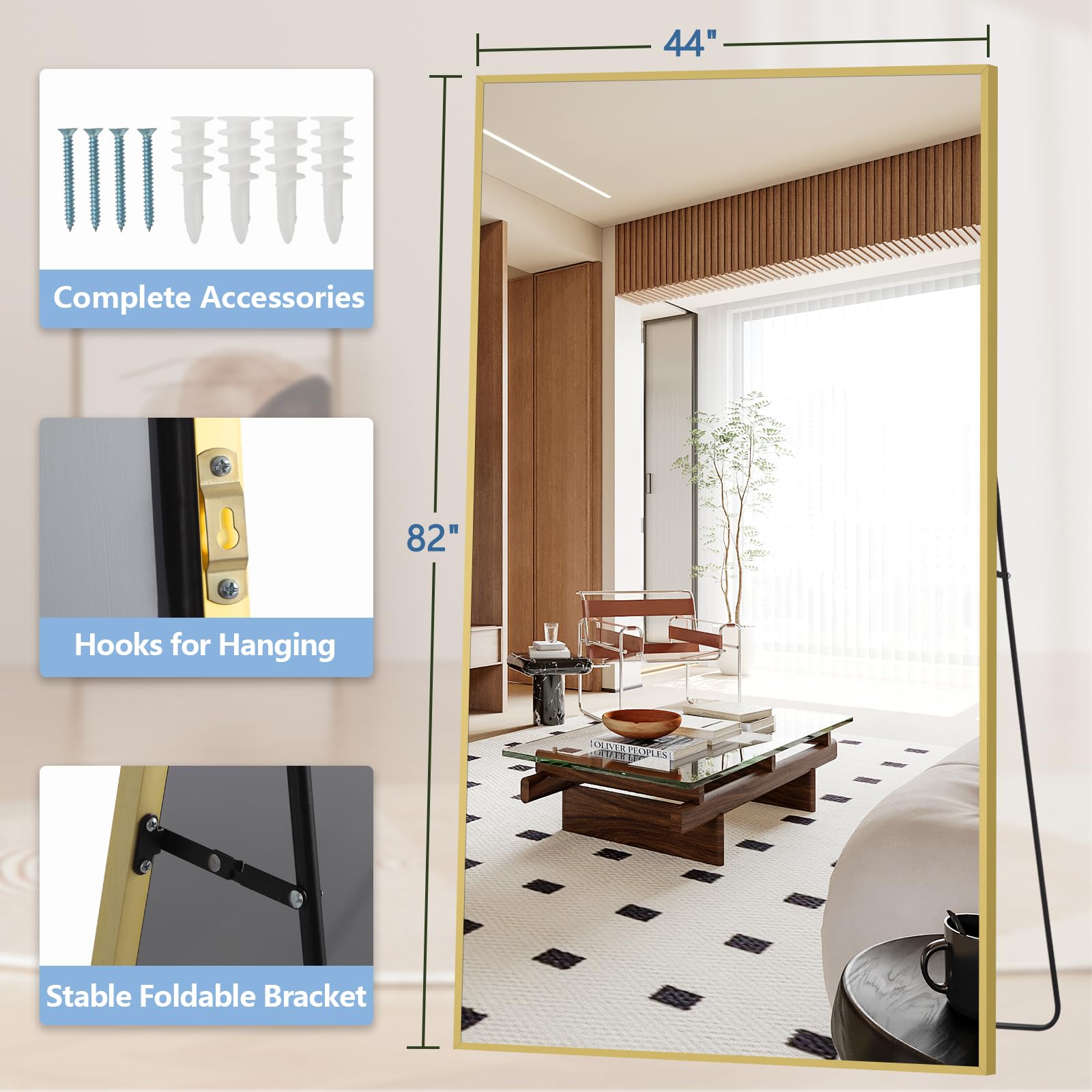 Oversized Floor Mirror Full Length with Stand, 72"X44" Extra Large Arch Standing Mirror Full Length, Tempered Glass Black Full Body Mirror for Bedroom Living Room, Aluminum Alloy Frame