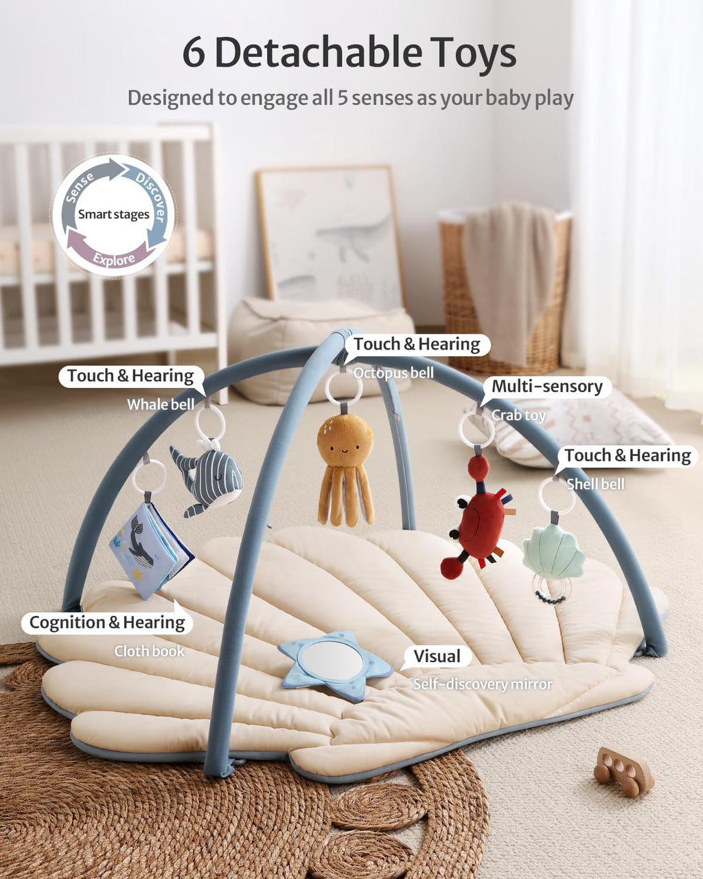 Blissful Diary Baby Play Gym & Activity Mat, Oversize Leaf Shaped Baby Play Mat w 6 Detachable Toys, Tummy Time Mat Promote Motor Skills & Sensory Development Mat, Newborn Infant Baby Essentials Gift