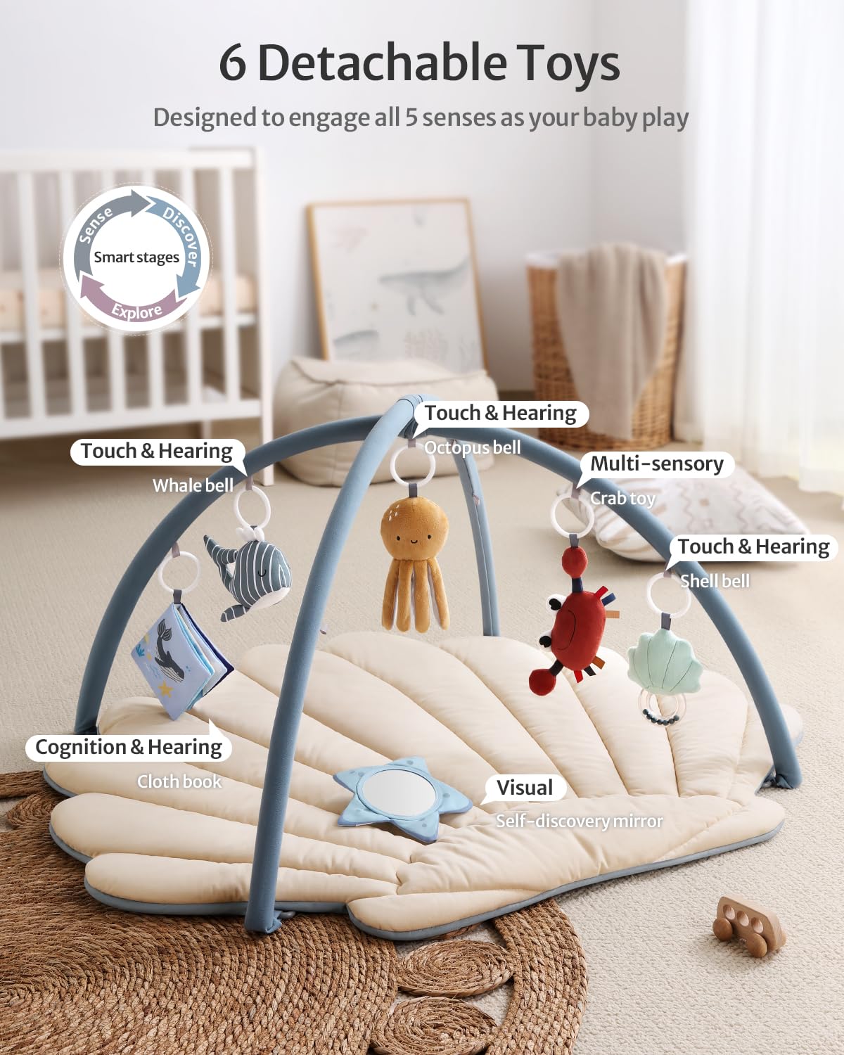 Blissful Diary Baby Play Gym & Activity Mat, Oversize Leaf Shaped Baby Play Mat w 6 Detachable Toys, Tummy Time Mat Promote Motor Skills & Sensory Development Mat, Newborn Infant Baby Essentials Gift