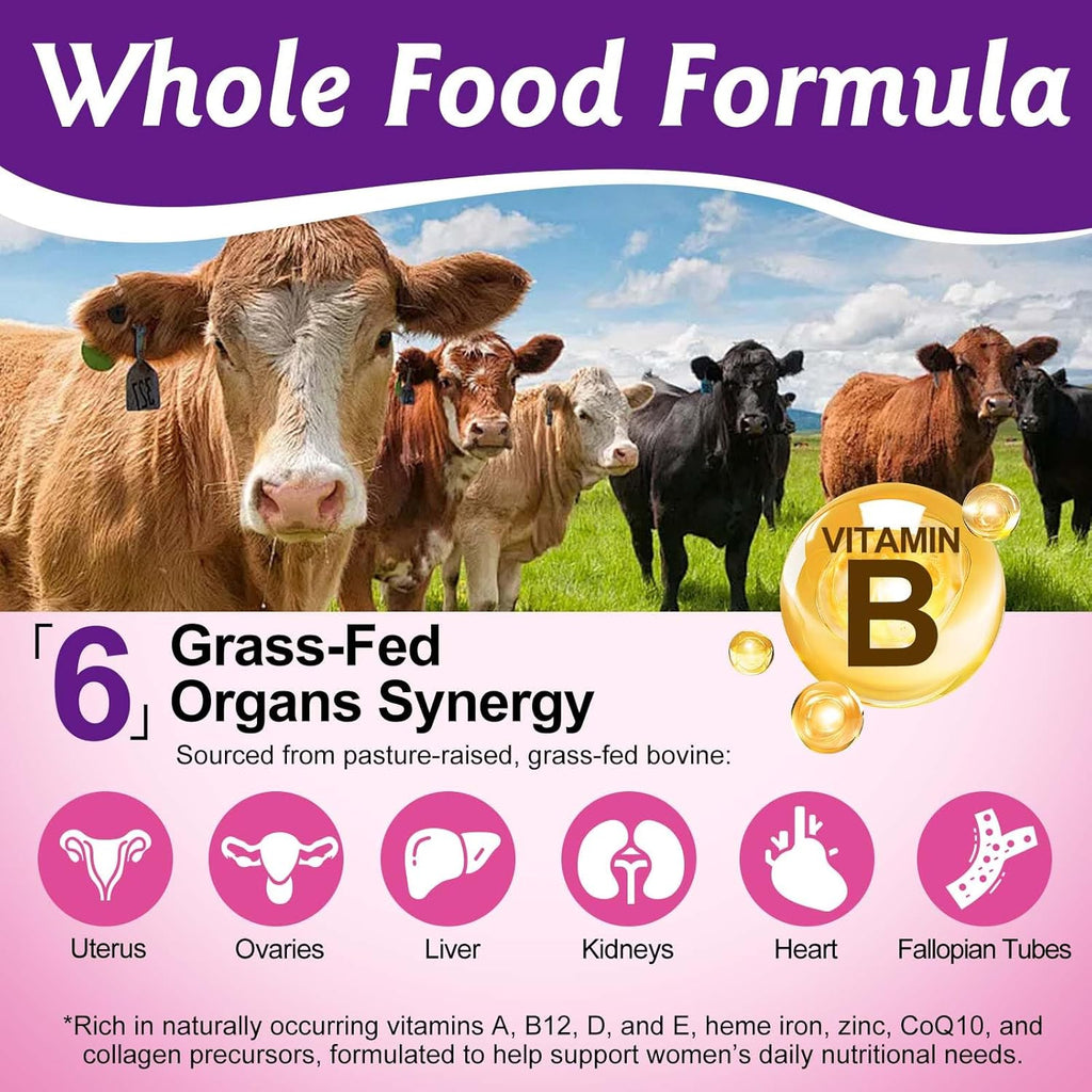 Beef Organ Supplement for Women with Beef Liver, Kidney, Heart and Uterus Tissue, Supports Women's Overall Wellness, Hormone Balance, Energy, Skin Health, 100% Grass Fed, Non-GMO, 60 Capsules