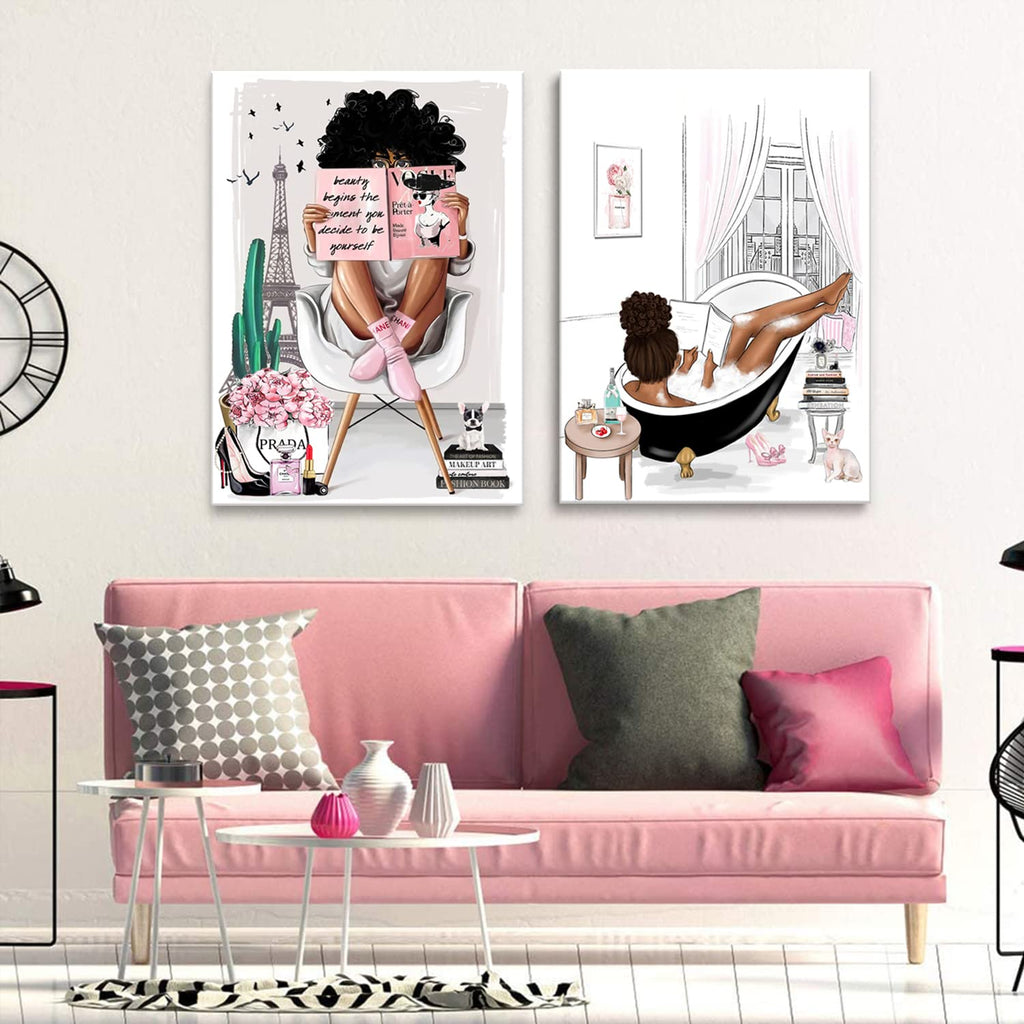 2 Pieces Framed African American Wall Art Modern Fashion Paris Pink White Afro Black Girls Women Canvas Wall Decor Pictures Posters Prints Artwork for Bathroom Living Room Bedroom Home Decoration