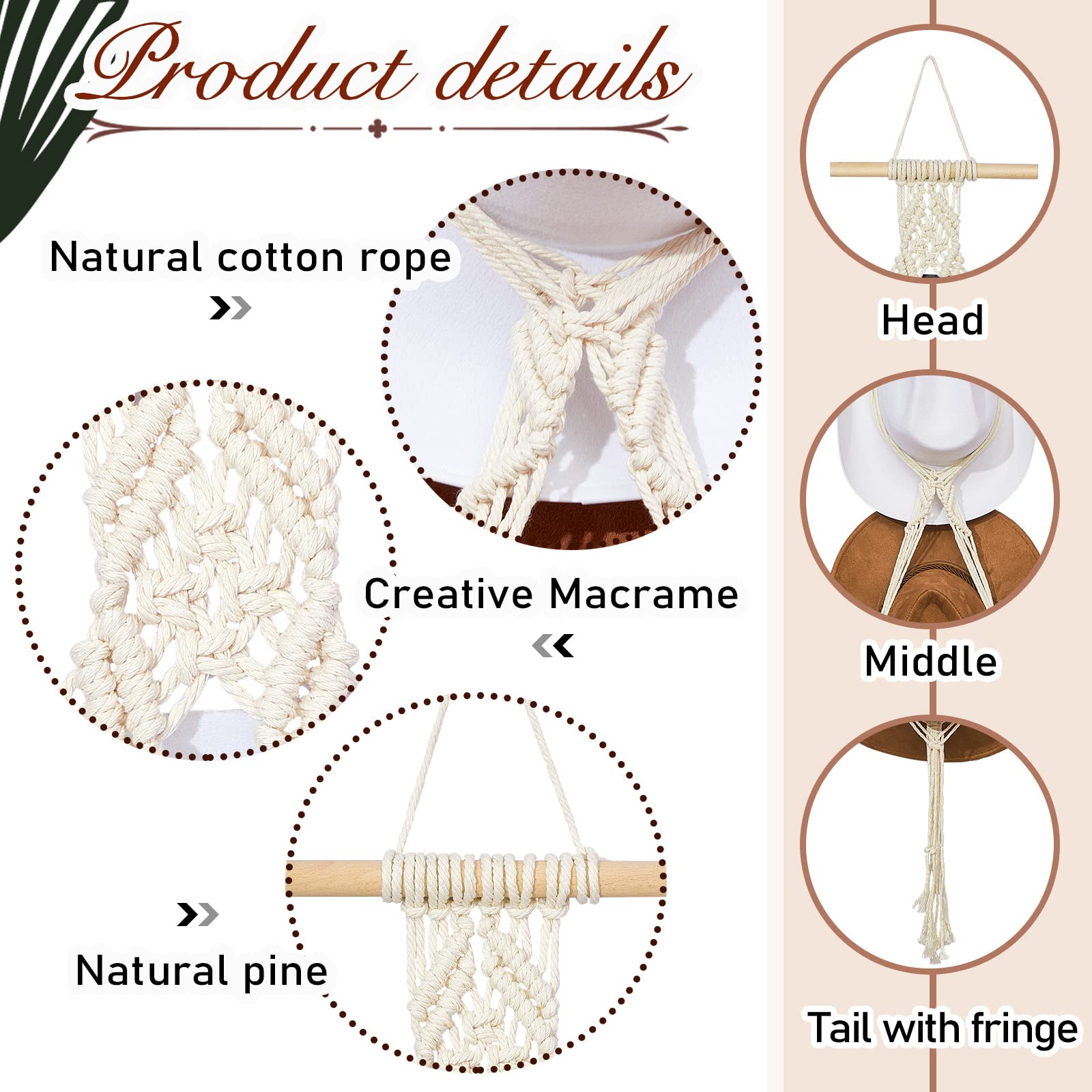 Yulejo Macrame Hat Hangers Boho Hat Rack for Wall Western Cowboy Hanging Organizer for Door Wall Room Bedroom