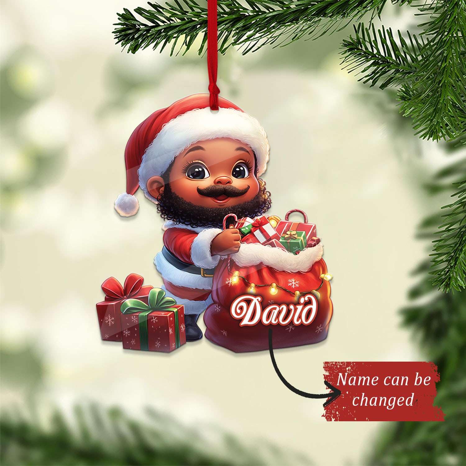 2D Acrylic Christmas Elf Shaped Ornament with Gift Box, Personalized Name Holiday Keepsake, Cute Ornament for Kids Room, Custom Name African-Inspired Decoration, Gifts for Boys