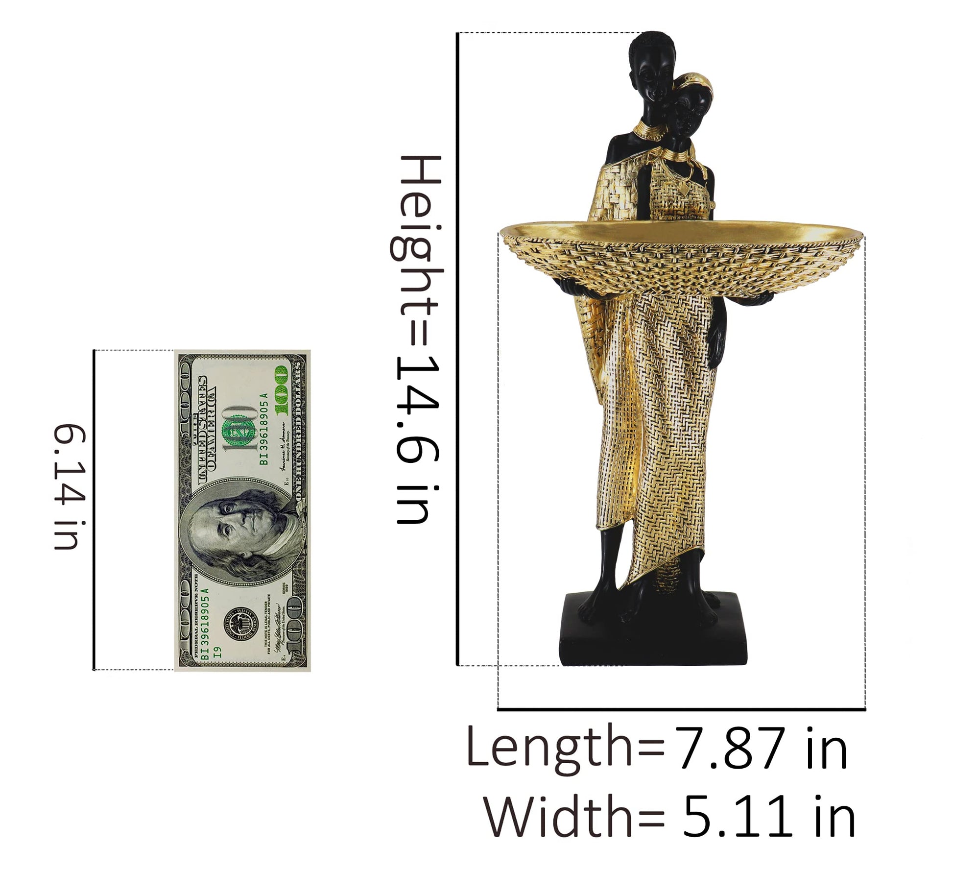 Handmade African Tribal Woman Sculpture - Gold Adorned Seated Figure with Basket, Vintage Resin Statue for Home Decor, Unique Housewarming Gift for Shelf/Table (9.65" H)