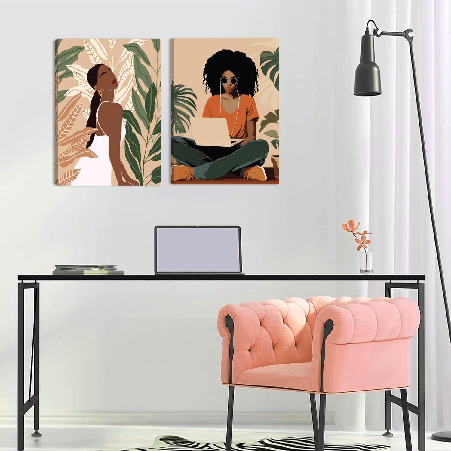 Framed Black Girl Wall Art Set of 3, Black Woman with Floral Pictures Wall Decor Paintings, Fashion African American Female Canvas Prints Home Decor for Living Room Bedroom Office 16x24 inch