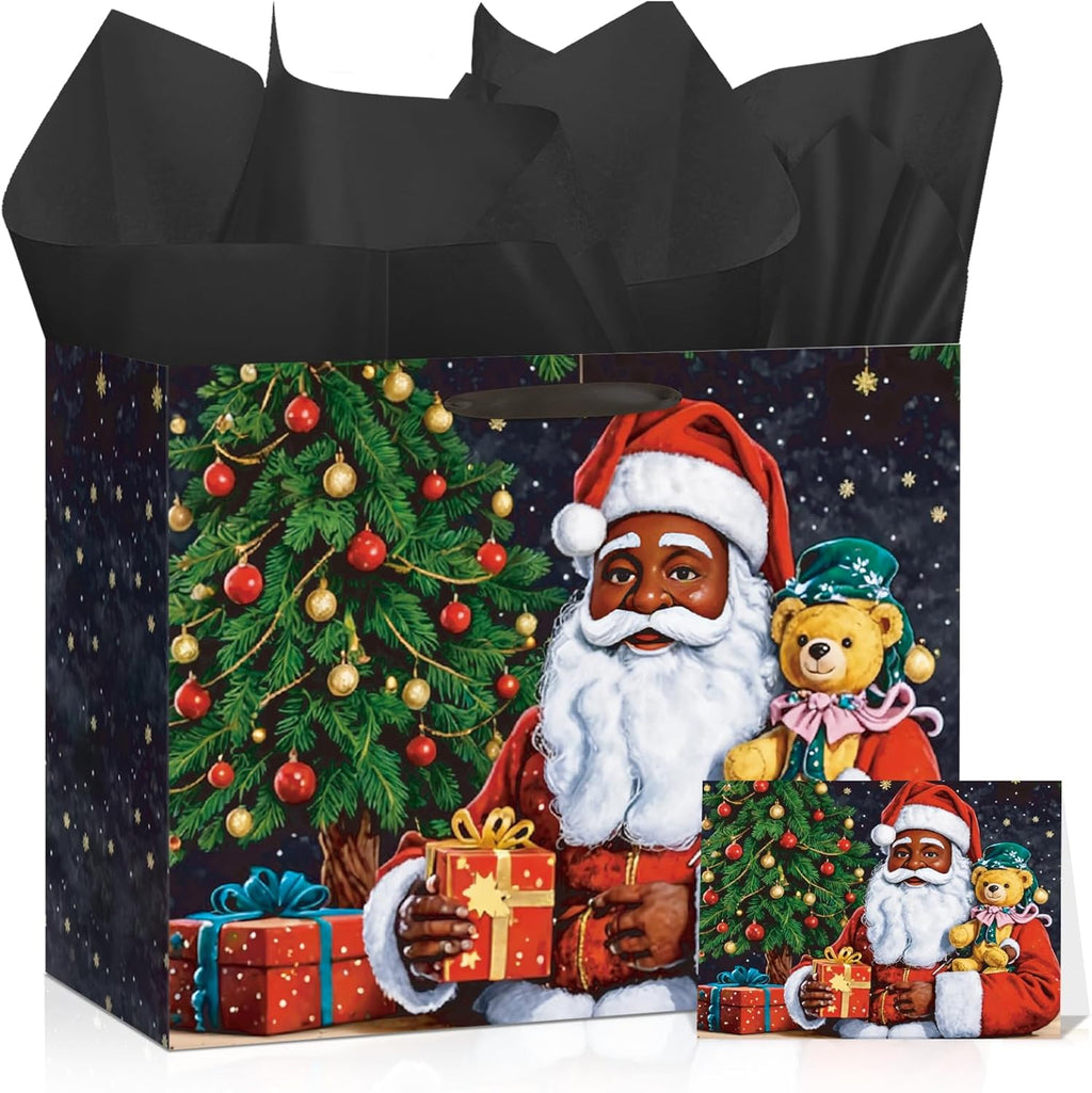 Merry Christmas Gift Bags African American Black Santa Claus Christmas Gift Wrapping Bag with Greeting Card and Tissue Wrapping Paper Large Xmas Goody Bags with Handles for Holiday Christmas Party Favors