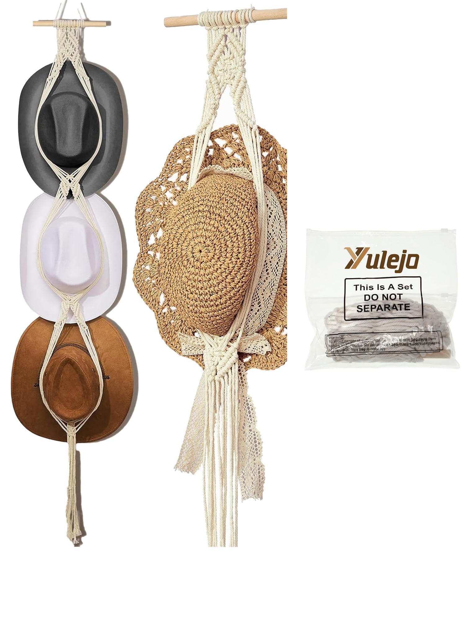 Yulejo Macrame Hat Hangers Boho Hat Rack for Wall Western Cowboy Hanging Organizer for Door Wall Room Bedroom