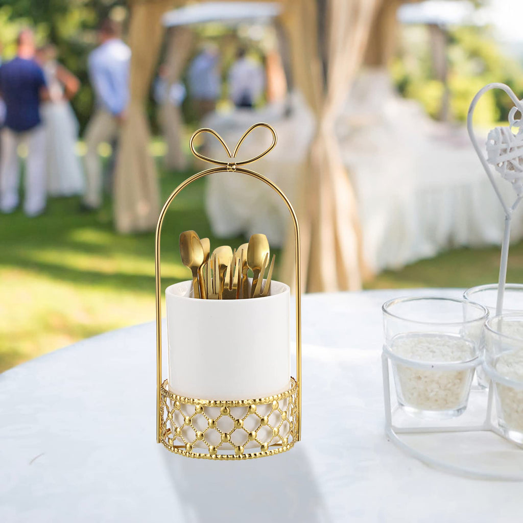 JUXYES Ceramic Silverware Holder For Tabletop, White Cutlery Holder With Golden Metal Bracket, Decorative Flatware Holder Countertop Utensil Holder Organizer for Wedding Kitchen Dining Tables