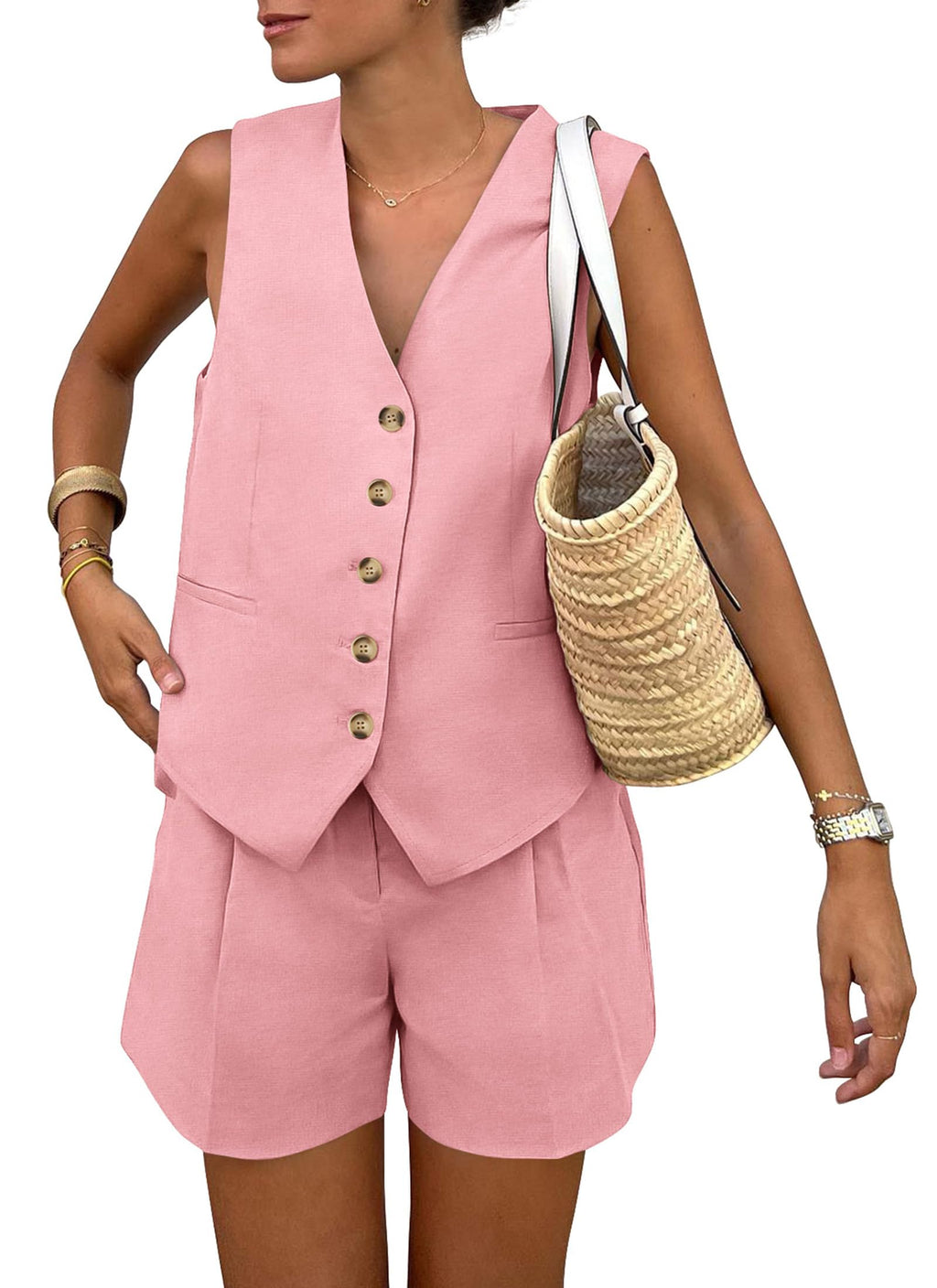 PRETTYGARDEN Women's Summer 2 Piece Outfits Sleeveless Matching Sets Button Down V Neck Vest Waistcoat and Pockets Shorts