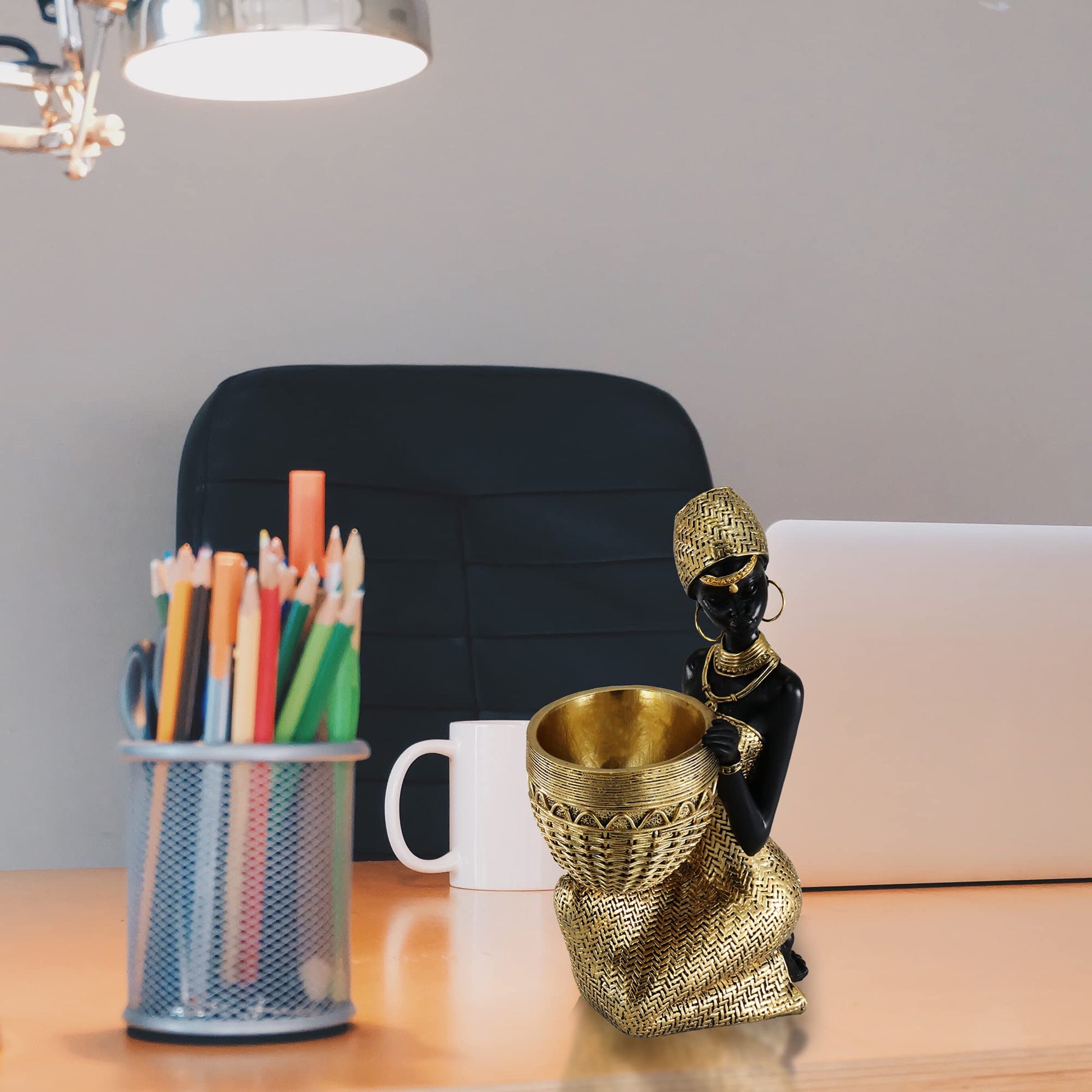 Handmade African Tribal Woman Sculpture - Gold Adorned Seated Figure with Basket, Vintage Resin Statue for Home Decor, Unique Housewarming Gift for Shelf/Table (9.65" H)