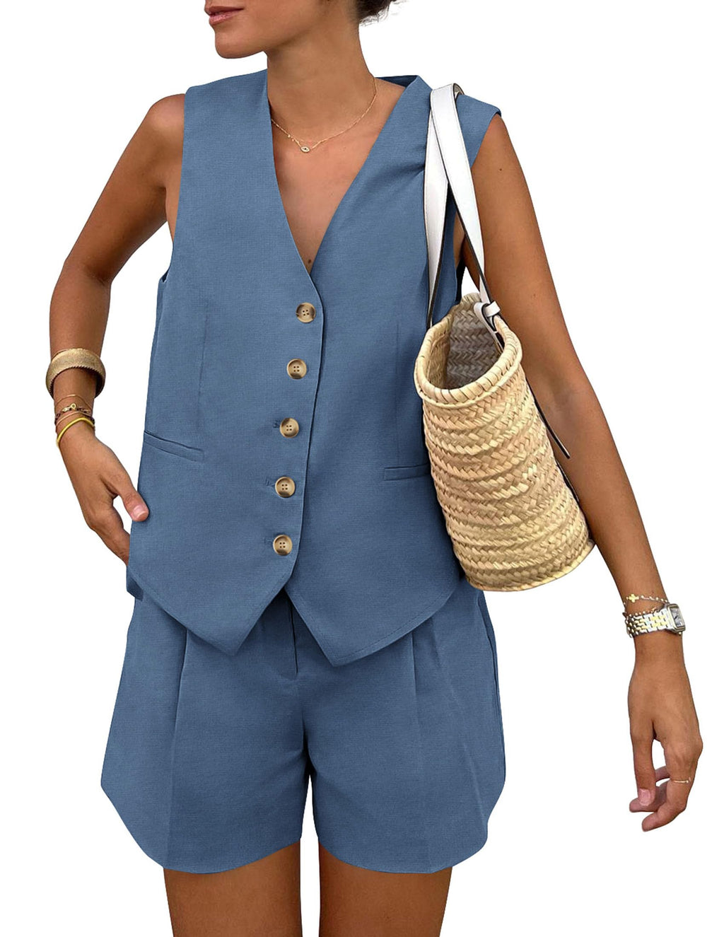 PRETTYGARDEN Women's Summer 2 Piece Outfits Sleeveless Matching Sets Button Down V Neck Vest Waistcoat and Pockets Shorts