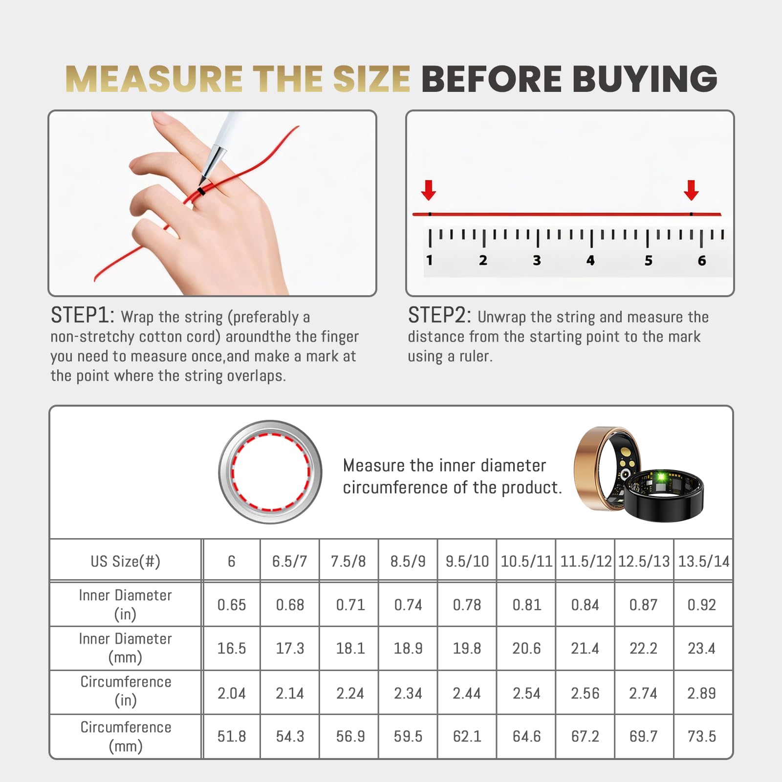 Smart Ring for Women Men, Health Tracker with Heart Rate/Blood Oxygen/Blood Pressure/Sleep Monitoring/Step Counting, IP68 Waterproof Fitness Ring, No App Fees for iPhone & Android (Black, 8#)