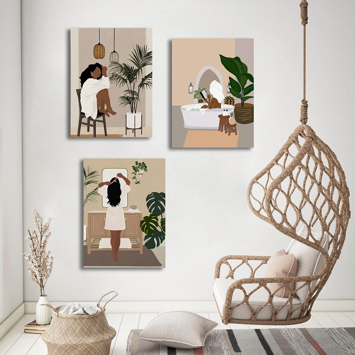 Framed Abstract African American Black Woman Canvas Wall Art, Boho Fashion Flower Art print, Black Women Bedroom Home Decor, Black Girl Poster