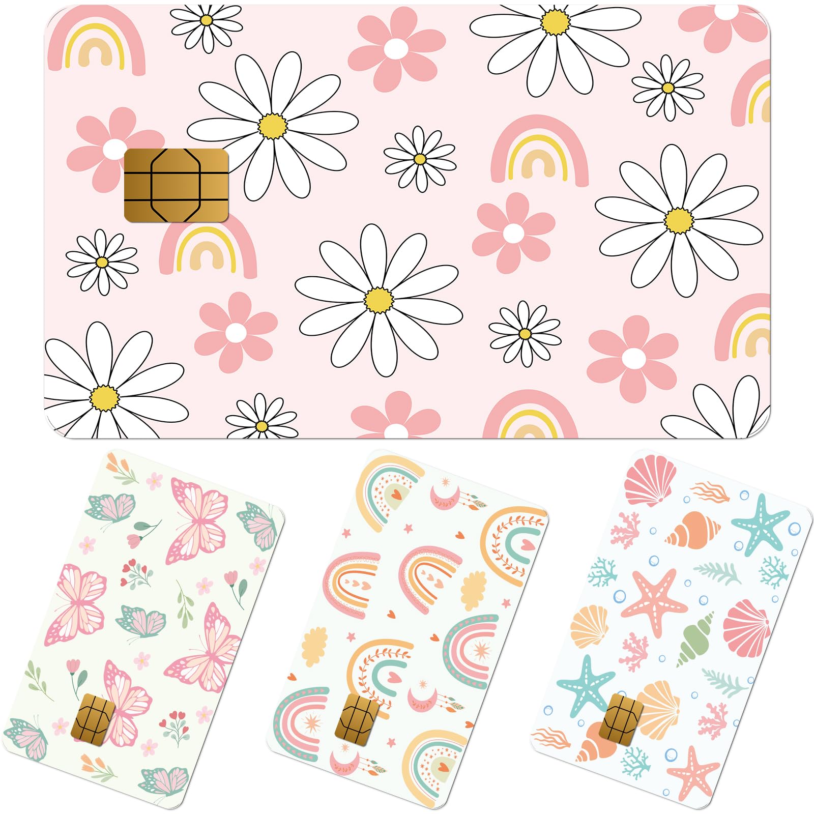 Credit Card Skin Stickers - 4 Pcs Pink Strawberry Debit Card Skin Stickers, Cute Berry Bow Daisy Removable Waterproof Decal Cover Set for DIY Key, Transportation