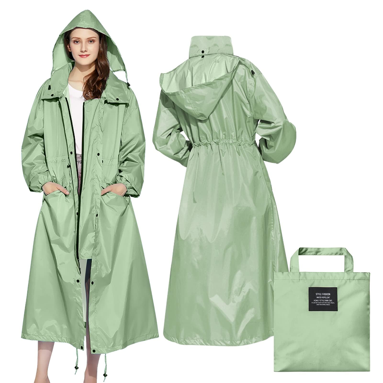 LAMA Womens Long Raincoats Rain Jacket Waterproof Packable Hooded Windbreaker Lightweight Adjustable Waist for Outdoor