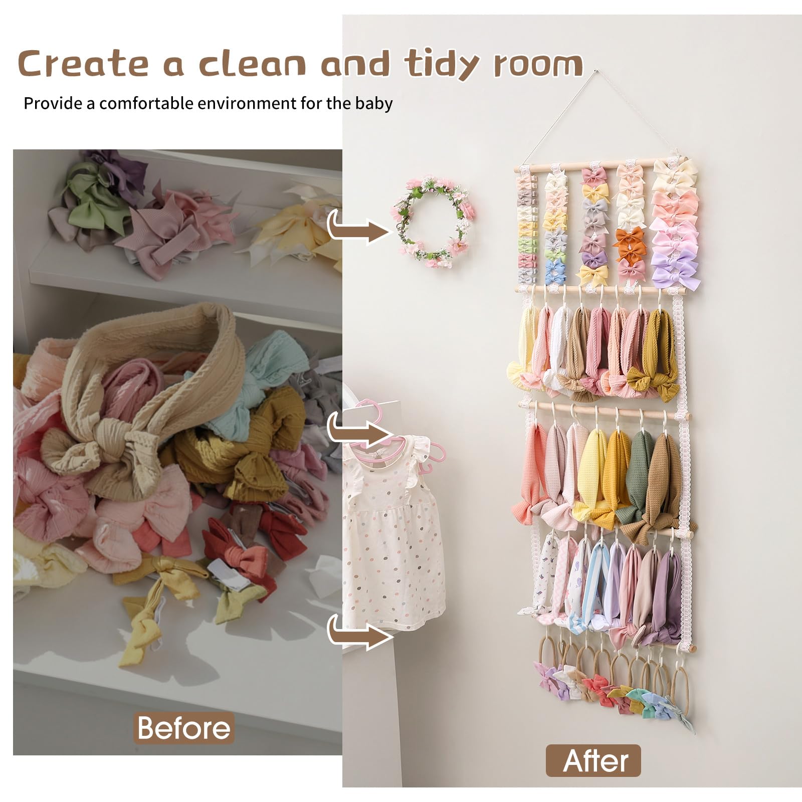 POVETIRE Headband Holder Hair Bows Organizer for Girls, Baby Headbands Hair Accessories Organizer Storage Wall Hanging Decor for Toddler Girls Room