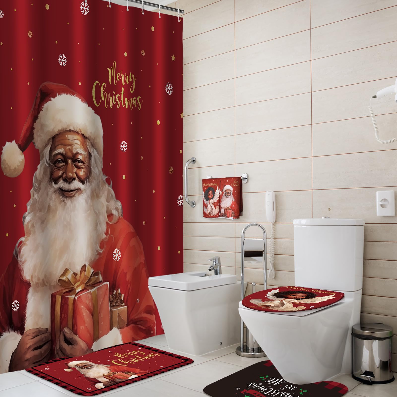 Honoson 8 Pcs Christmas Black Santa Claus Shower Curtain Set with Rugs and Kitchen Towels African American Retro Christmas Bathroom Decor Black Santa Curtain Decorations Xmas Farmhouse Gifts