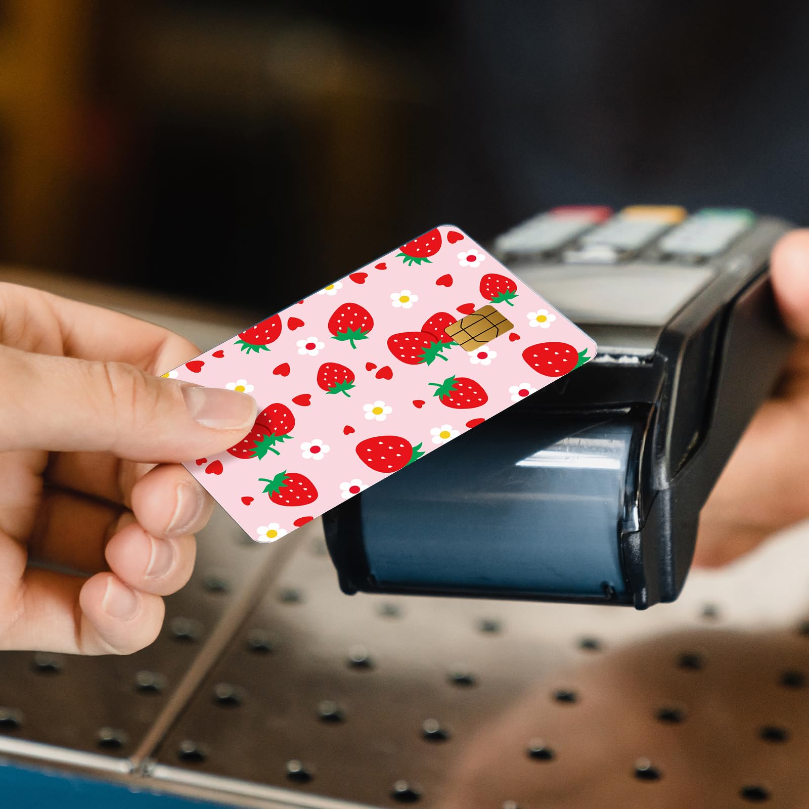 Credit Card Skin Stickers - 4 Pcs Pink Strawberry Debit Card Skin Stickers, Cute Berry Bow Daisy Removable Waterproof Decal Cover Set for DIY Key, Transportation
