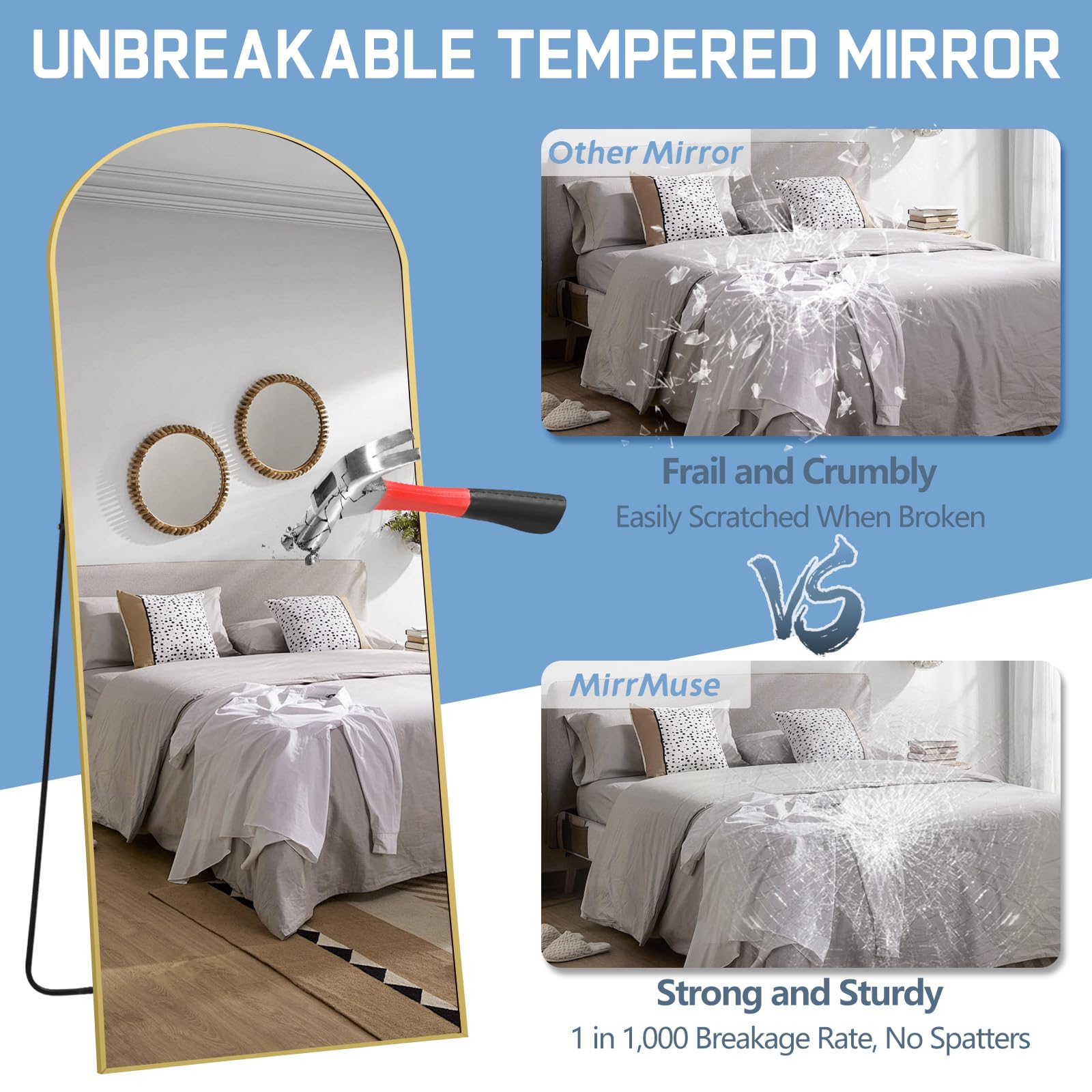 Oversized Floor Mirror Full Length with Stand, 72"X44" Extra Large Arch Standing Mirror Full Length, Tempered Glass Black Full Body Mirror for Bedroom Living Room, Aluminum Alloy Frame
