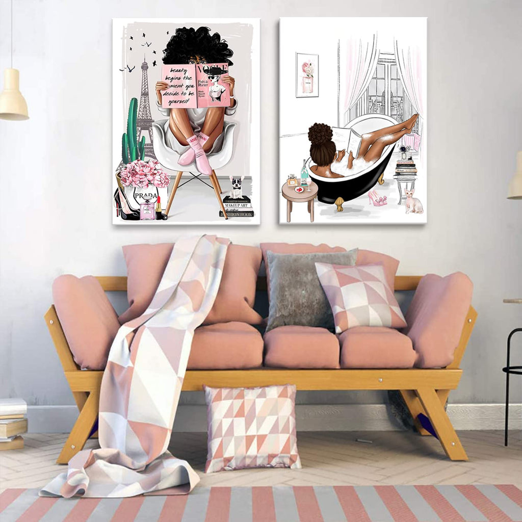 2 Pieces Framed African American Wall Art Modern Fashion Paris Pink White Afro Black Girls Women Canvas Wall Decor Pictures Posters Prints Artwork for Bathroom Living Room Bedroom Home Decoration