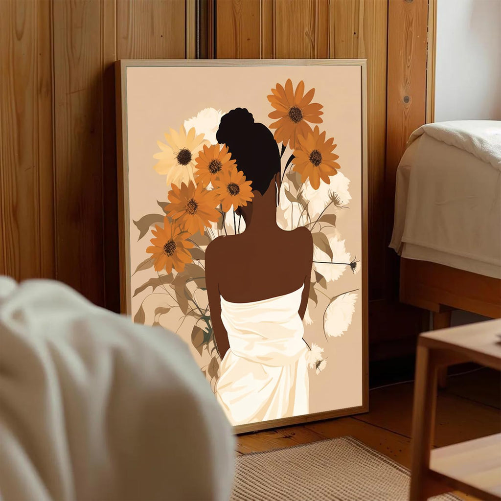 Framed Black Girl Wall Art Set of 3, Black Woman with Floral Pictures Wall Decor Paintings, Fashion African American Female Canvas Prints Home Decor for Living Room Bedroom Office 16x24 inch