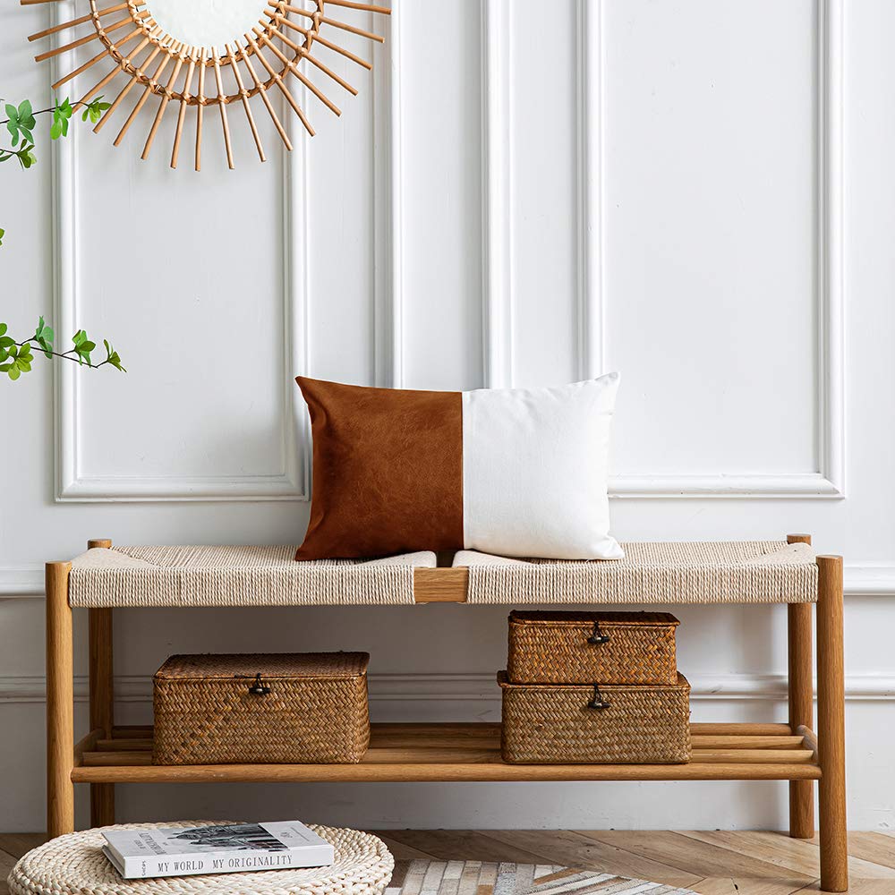 DEZENE Leather Throw Pillow Covers, Set of 2 Modern Leather/Cotton Decorative Pillowcases for Home Decor Bedroom Living Room Couch Bed Sofa, 18x18 Inch, Cognac-Brown and White