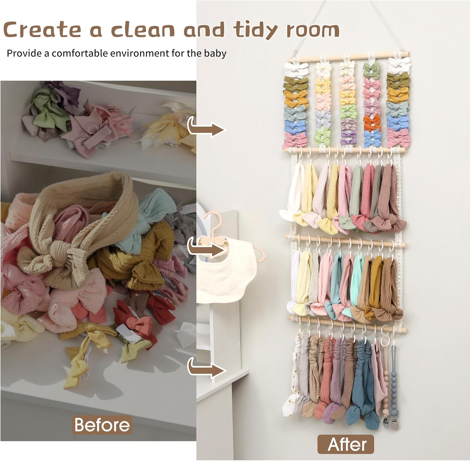 POVETIRE Headband Holder Hair Bows Organizer for Girls, Baby Headbands Hair Accessories Organizer Storage Wall Hanging Decor for Toddler Girls Room