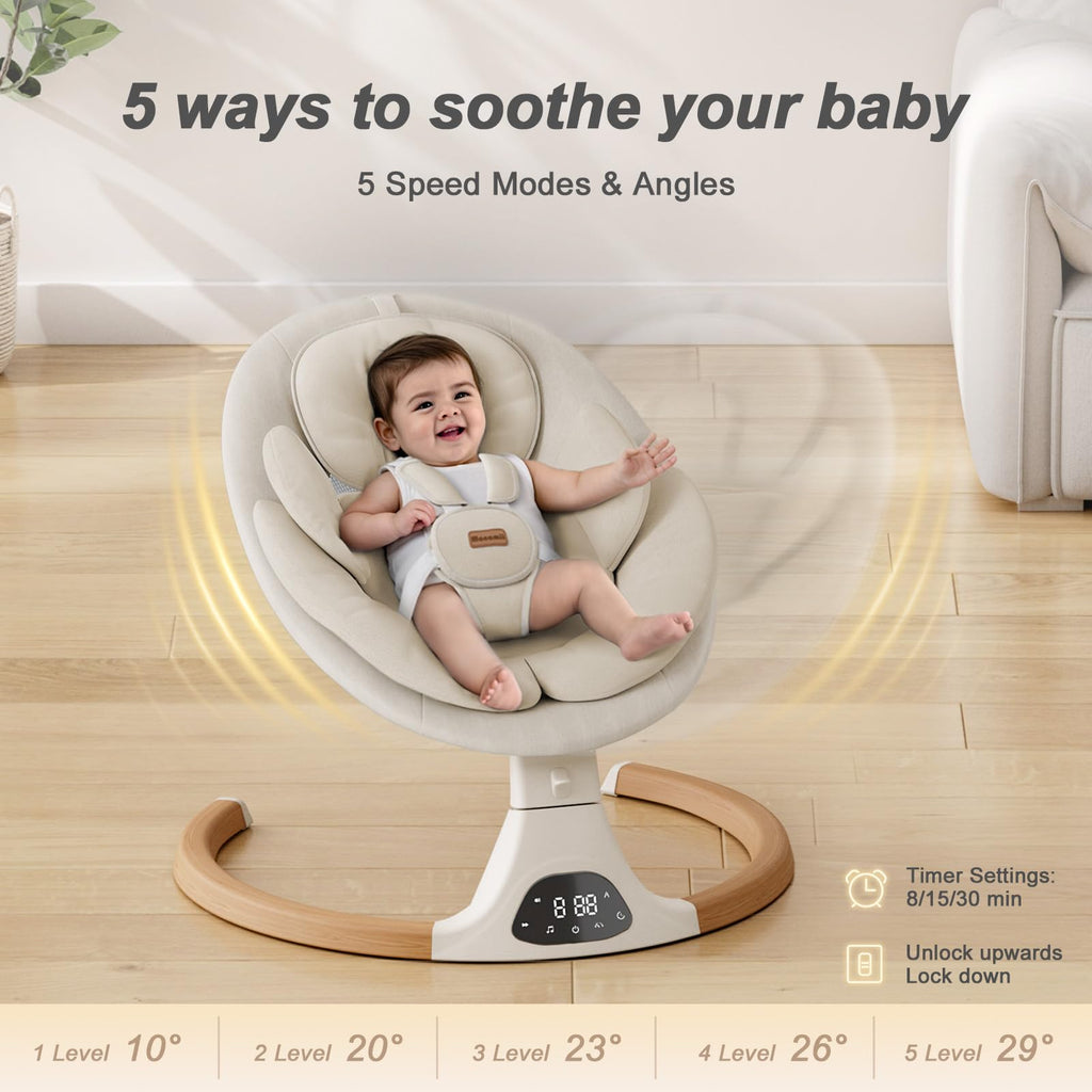Baby Swings for Infants, Monamii Baby Swing, Infant Swing with 5 Speeds, 10 Lullabies, Electric Swing for Baby, Indoor & Outdoor Use (Beige)
