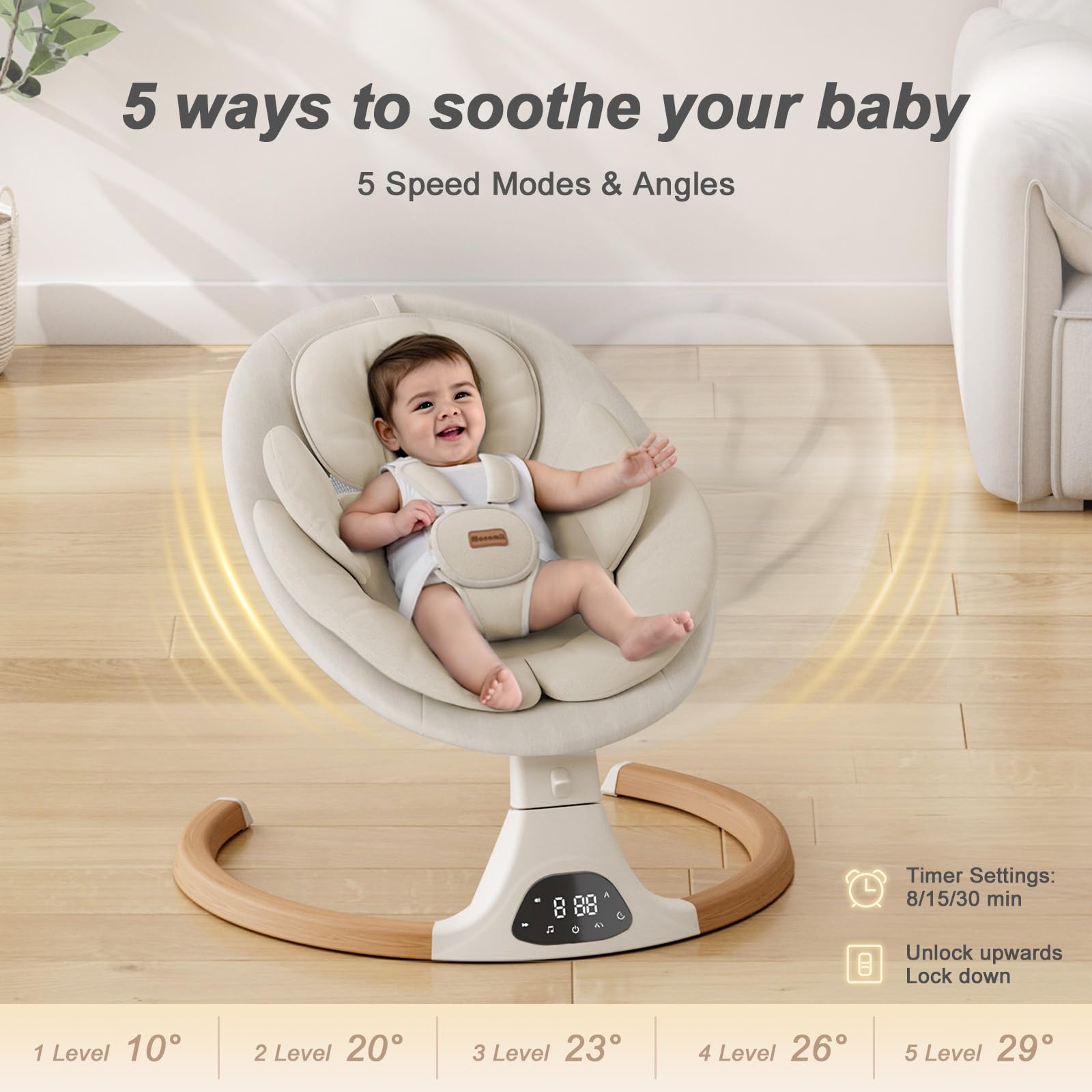 Baby Swings for Infants, Monamii Baby Swing, Infant Swing with 5 Speeds, 10 Lullabies, Electric Swing for Baby, Indoor & Outdoor Use (Beige)