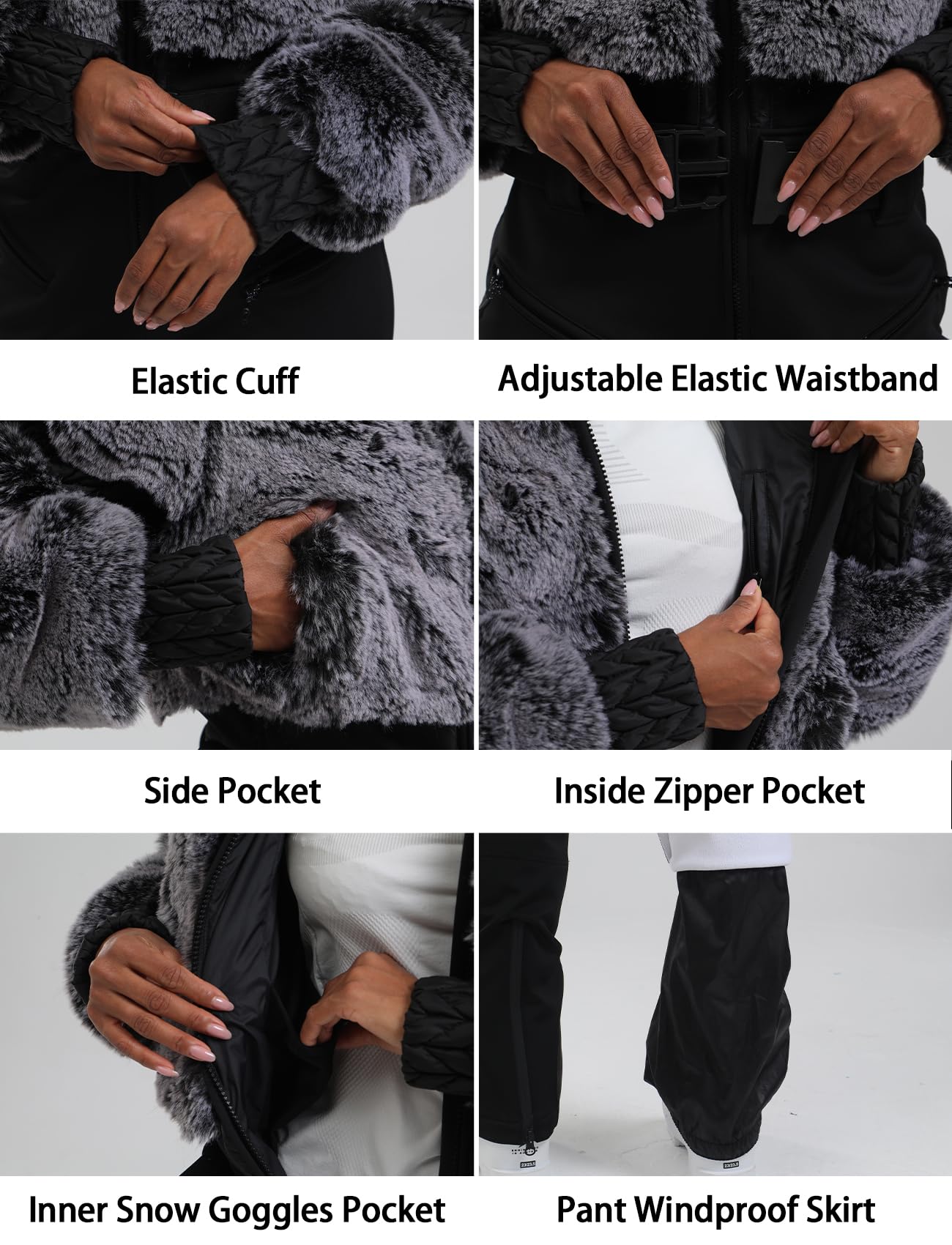 GSOU SNOW Women Ski Suit One Piece Snowsuit Snowboard Faux Fur Collar Slim Jumpsuit Jacket Insulated Windproof Outdoor Winter