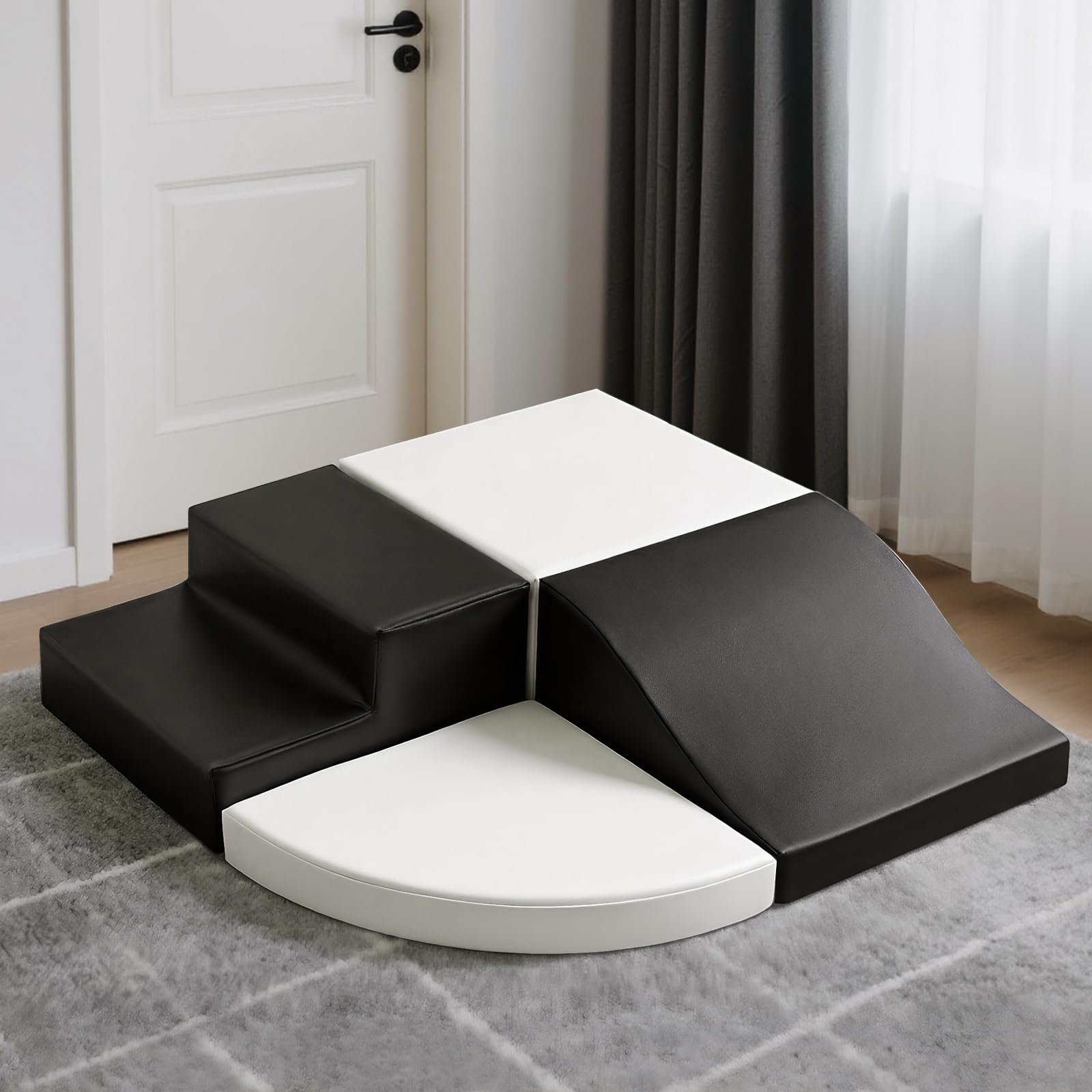 4-Piece Soft PU Leather Toddlers Climbing Toys, Baby Foam Climbing Blocks for Toddlers 3, Foam Play Gym Climbing Structures, Indoor Climb and Crawl Activity Play Set (White and Coffee)