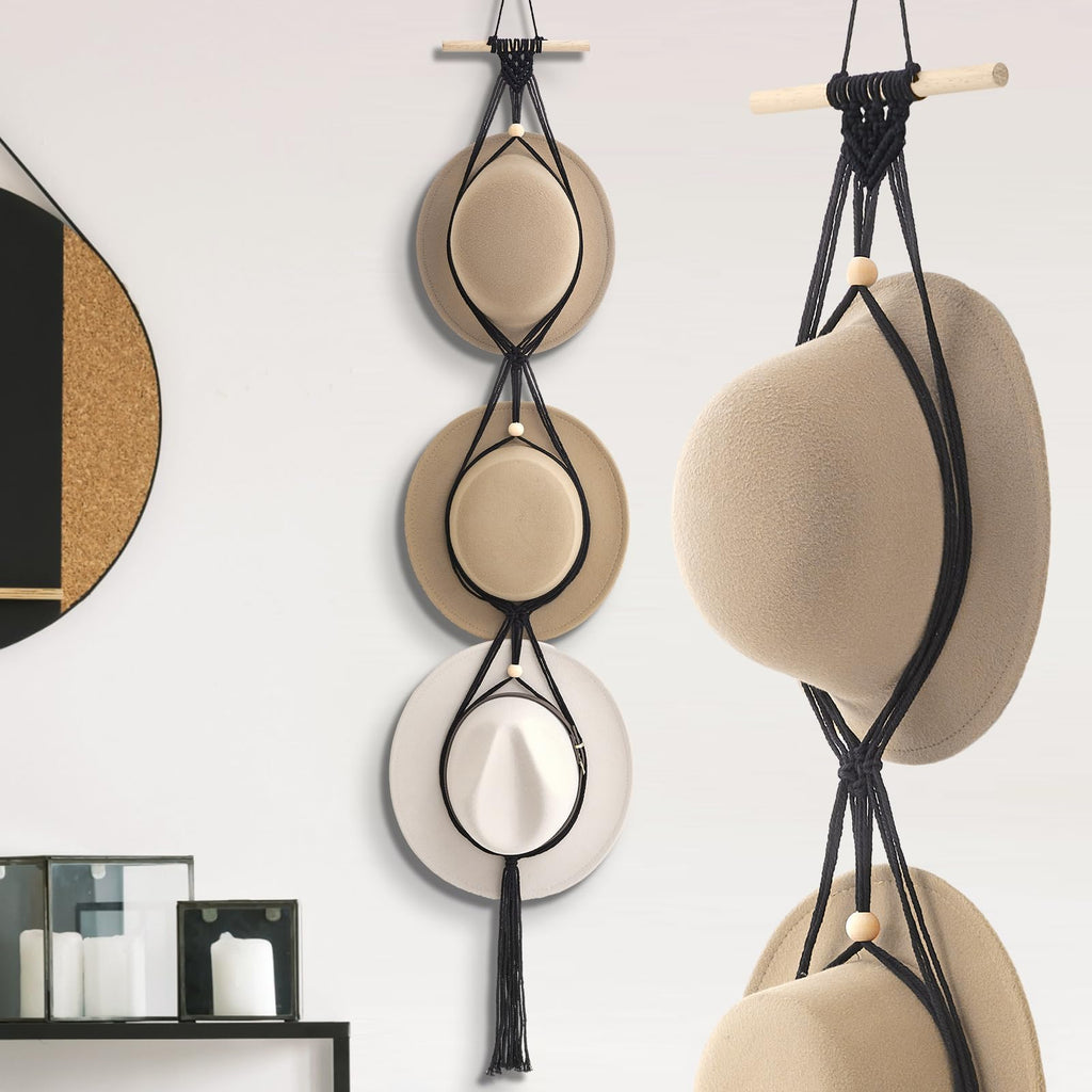 Yulejo Macrame Hat Hangers Boho Hat Rack for Wall Western Cowboy Hanging Organizer for Door Wall Room Bedroom