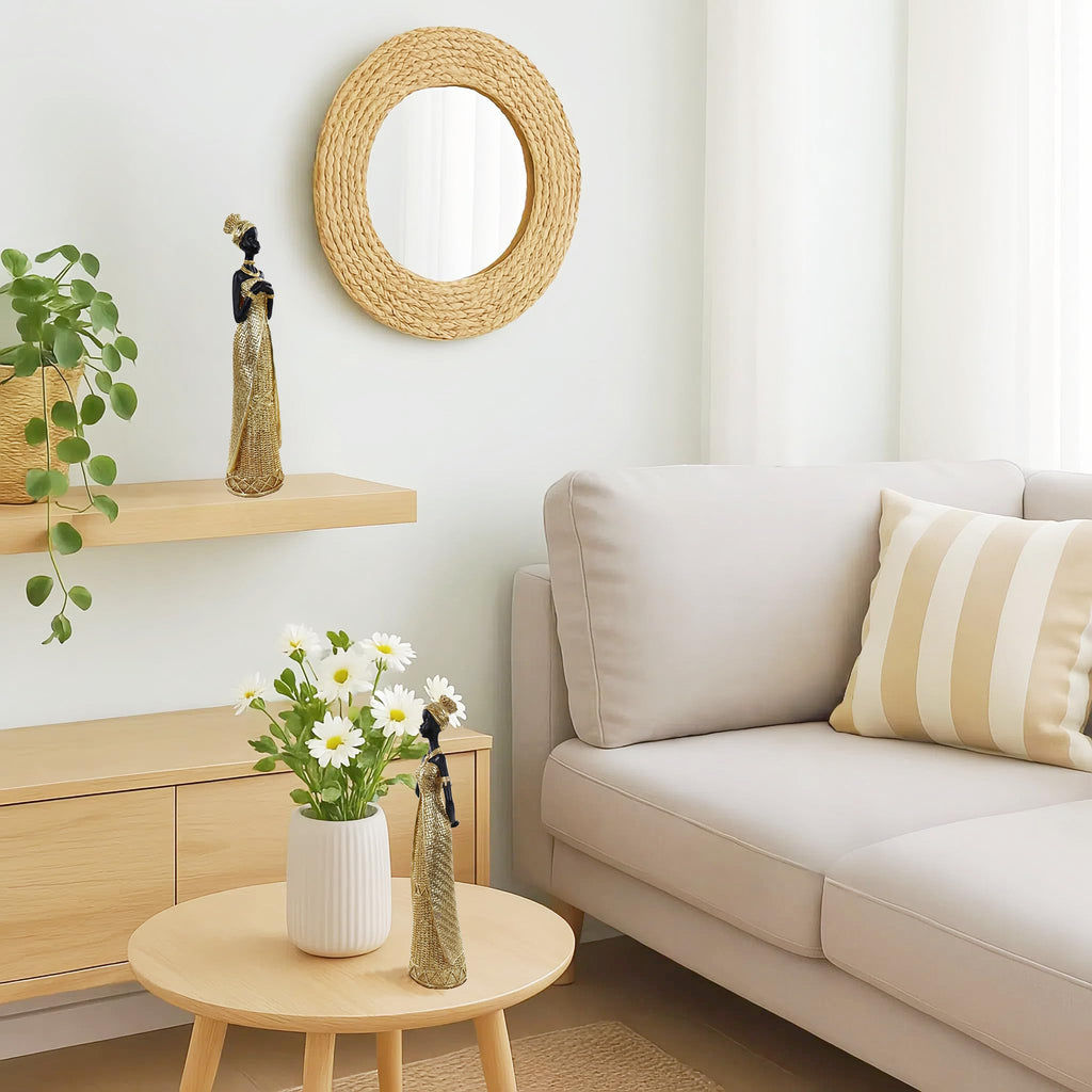 Set of 3 Resin African Woman Statues – Elegant Tribal Figurines in Gold Dresses, Afrocentric Home Decor Sculptures for Living Room, Bookshelf, Gift