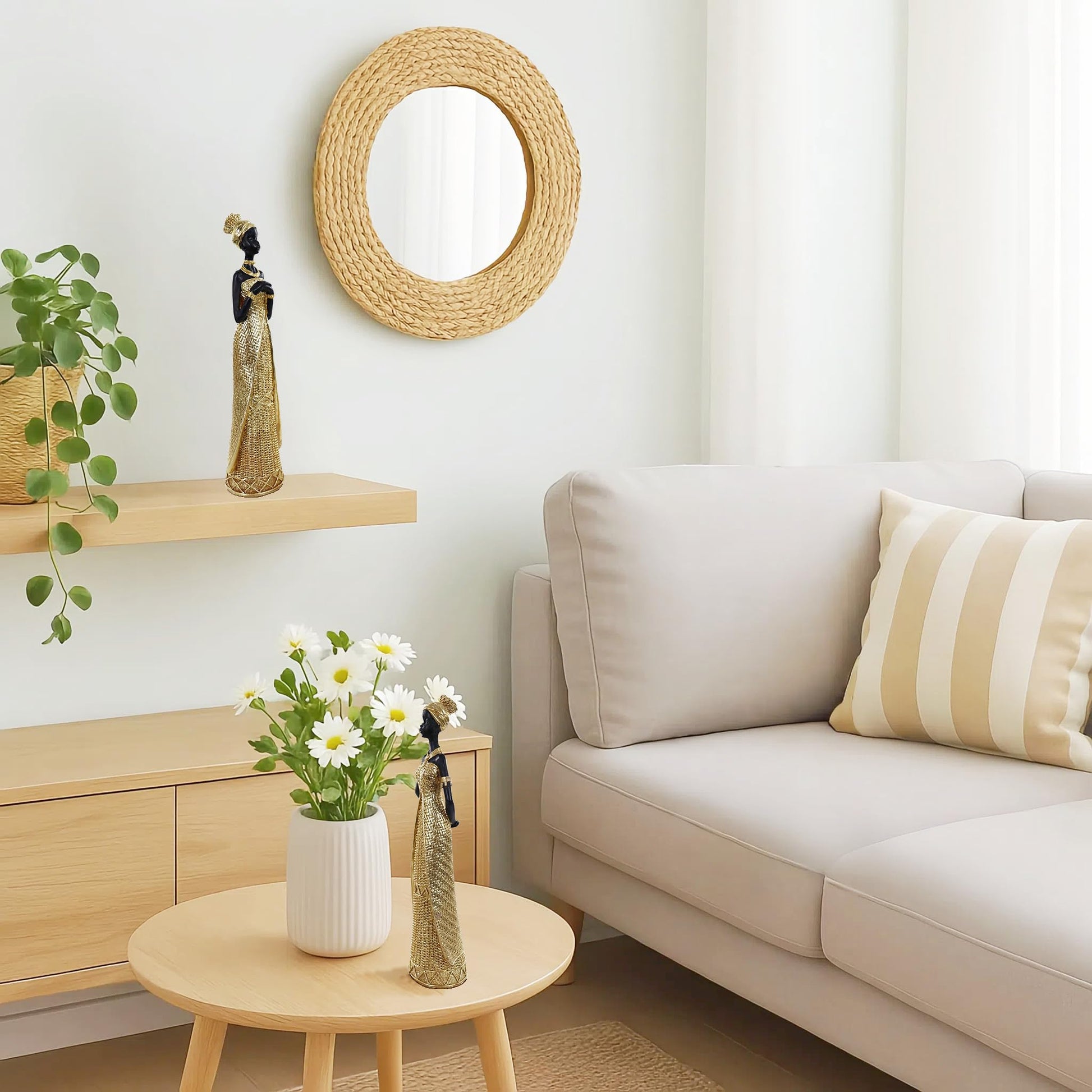 Set of 3 Resin African Woman Statues – Elegant Tribal Figurines in Gold Dresses, Afrocentric Home Decor Sculptures for Living Room, Bookshelf, Gift