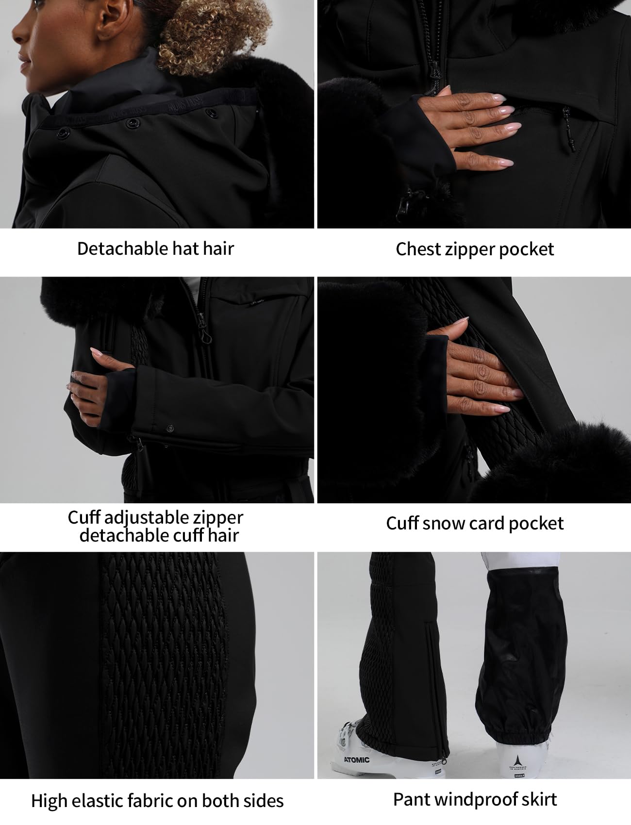 GSOU SNOW Ski Suit Womens One Piece Snowsuit Snowboard Jacket Slim Snow Jumpsuit Faux Fur Ski Outfit Waterproof Windproof