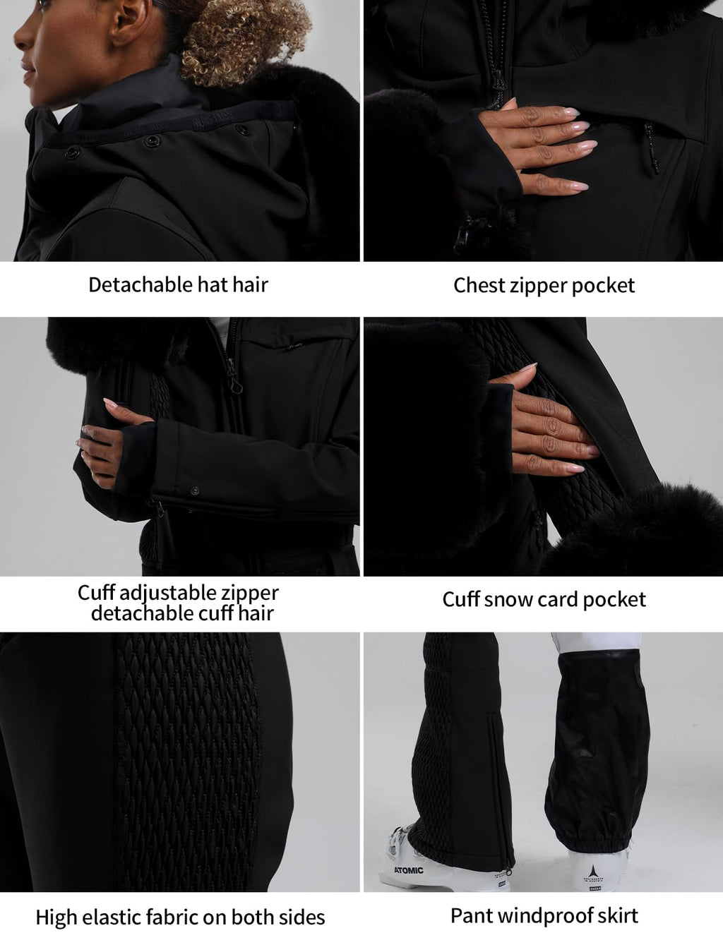 GSOU SNOW Ski Suit Womens One Piece Snowsuit Snowboard Jacket Slim Snow Jumpsuit Faux Fur Ski Outfit Waterproof Windproof