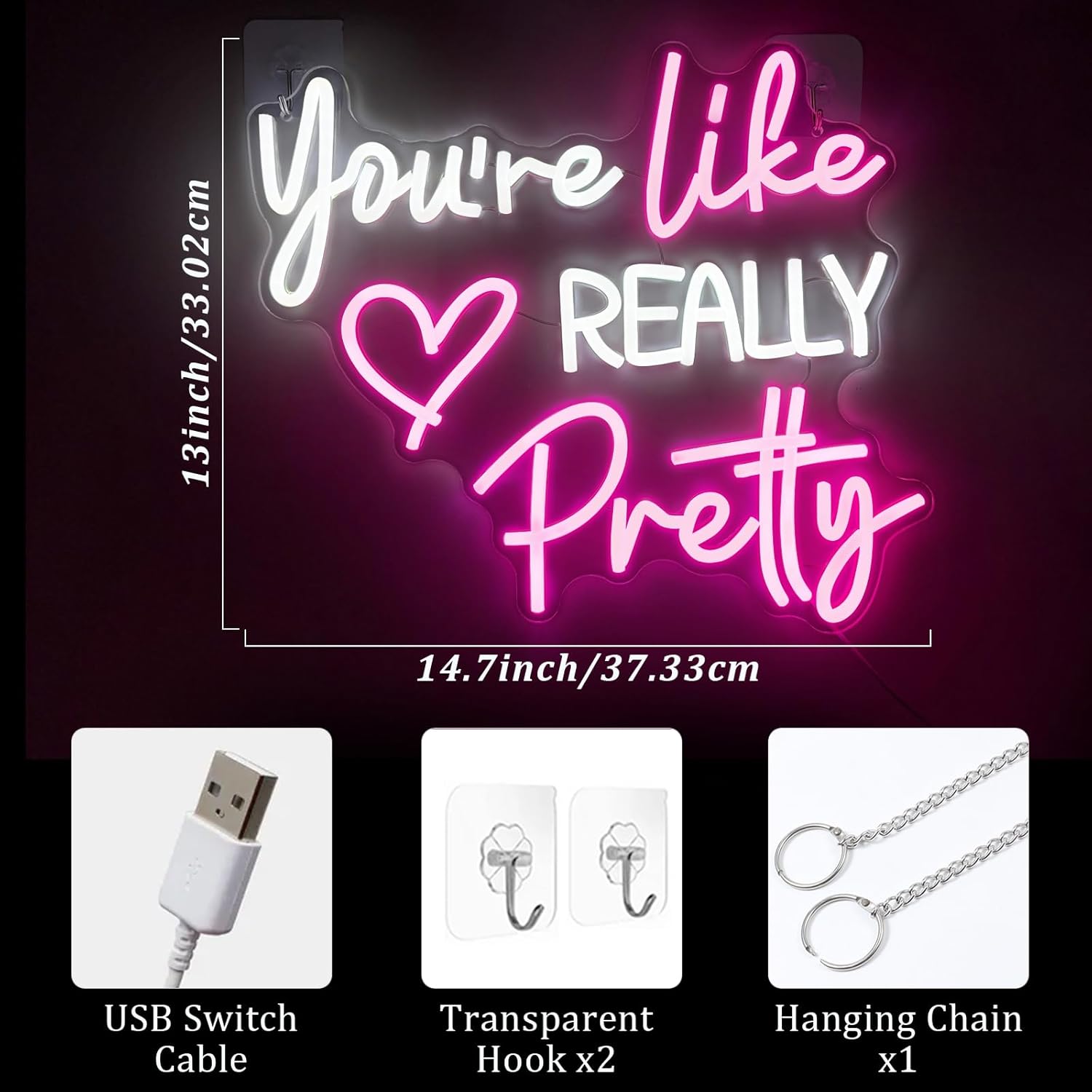You're Like Really Pretty Neon Sign for Wall Decor, Pink Room Decor Led Sign for Bedroom Wall, Neon Light with Dimmer,Pink Wall Decoration USB Powered with Switch