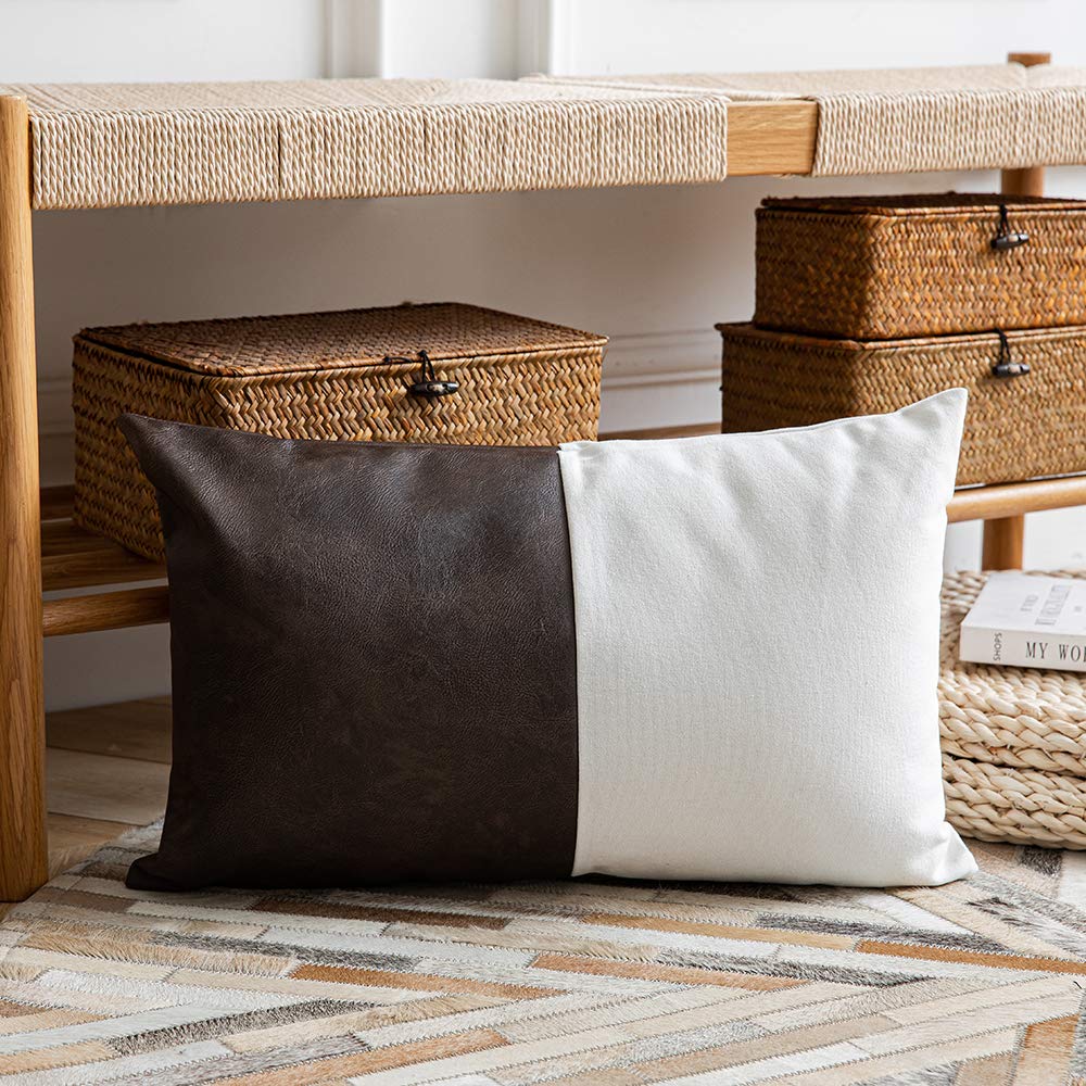 DEZENE Leather Throw Pillow Covers, Set of 2 Modern Leather/Cotton Decorative Pillowcases for Home Decor Bedroom Living Room Couch Bed Sofa, 18x18 Inch, Cognac-Brown and White