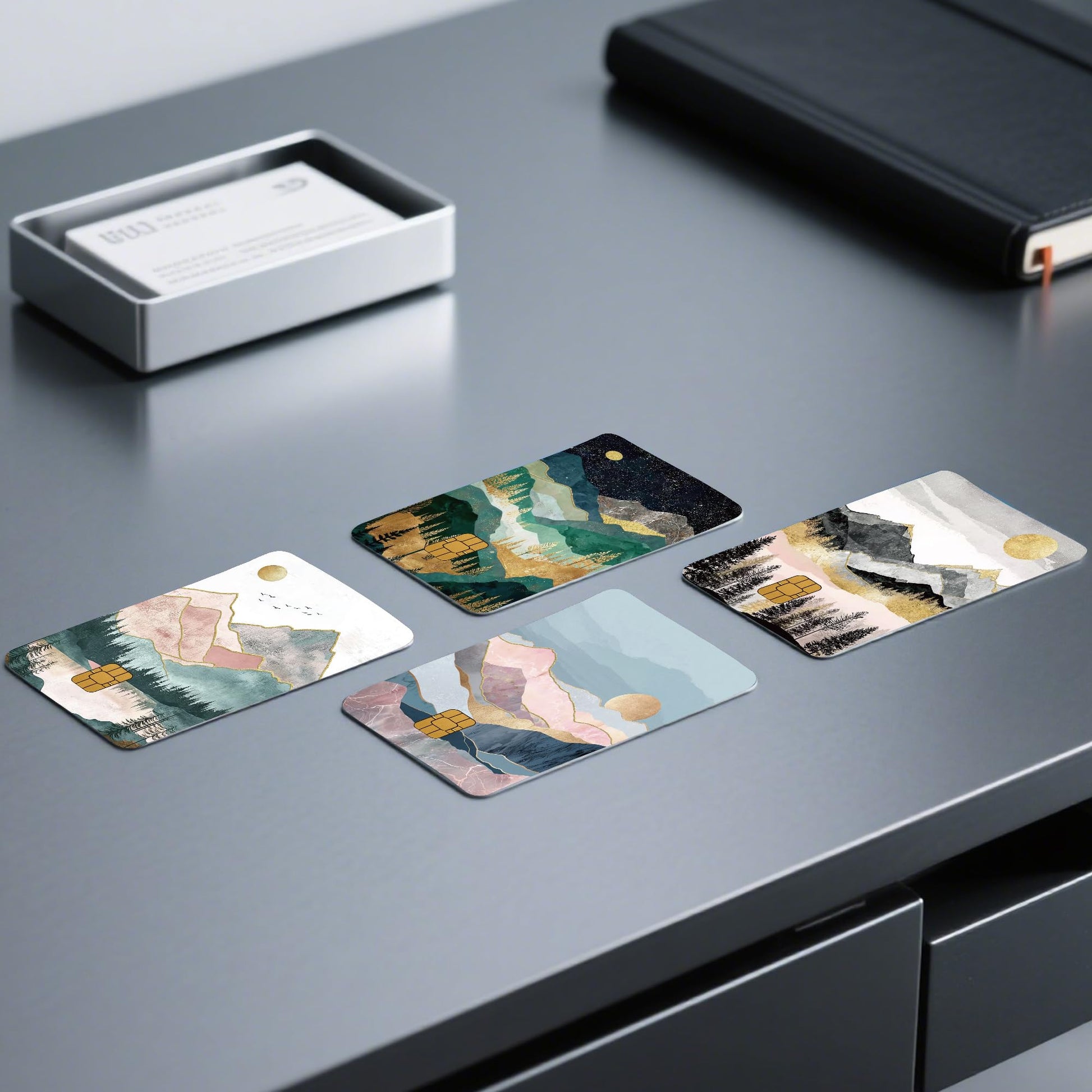 Credit Card Skin Stickers: 4PCS Scenic Mountain Debit Card Skins, Chinoiserie Landscape Cards Covers with Chip Cutout, Waterproof Removable Sticker Wraps for Bank Transportation Key Cards