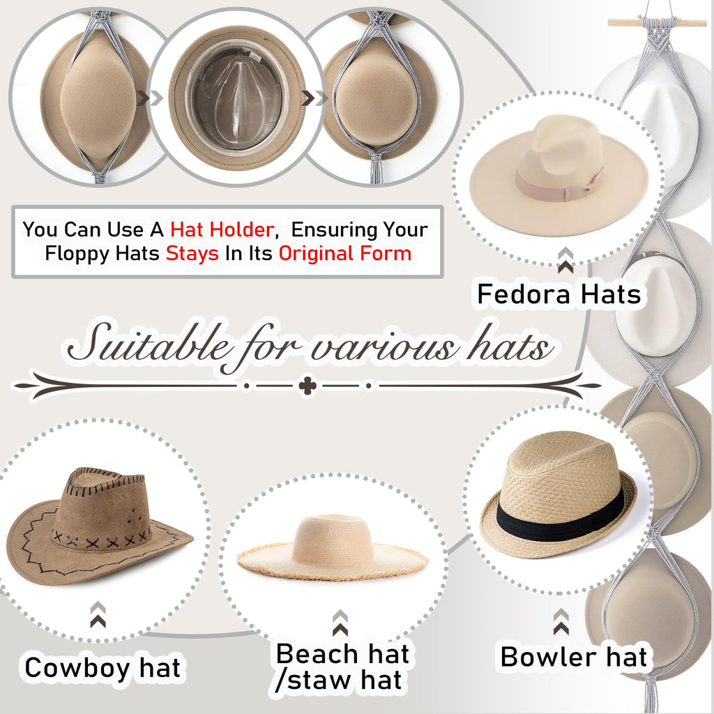 Yulejo Macrame Hat Hangers Boho Hat Rack for Wall Western Cowboy Hanging Organizer for Door Wall Room Bedroom