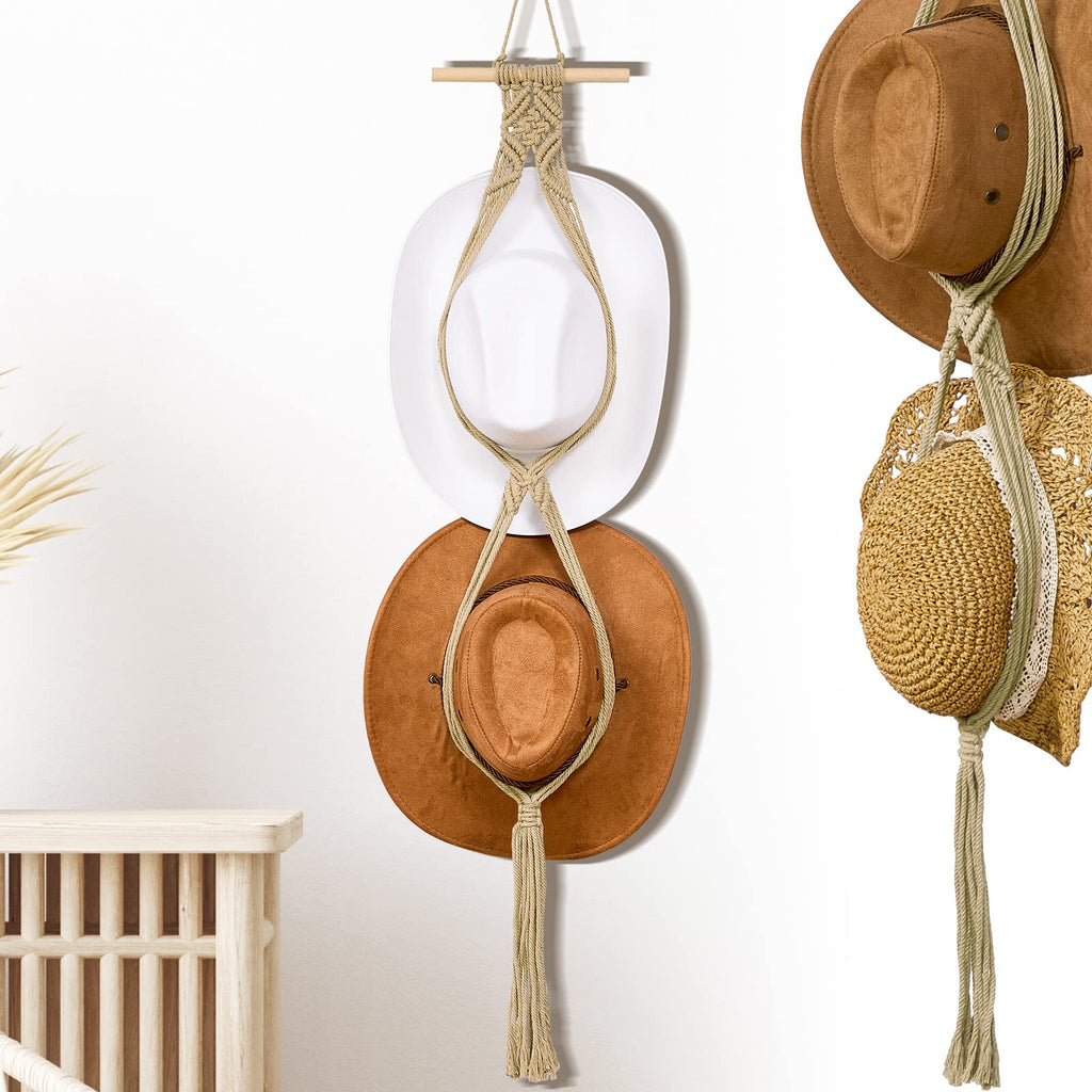 Yulejo Macrame Hat Hangers Boho Hat Rack for Wall Western Cowboy Hanging Organizer for Door Wall Room Bedroom