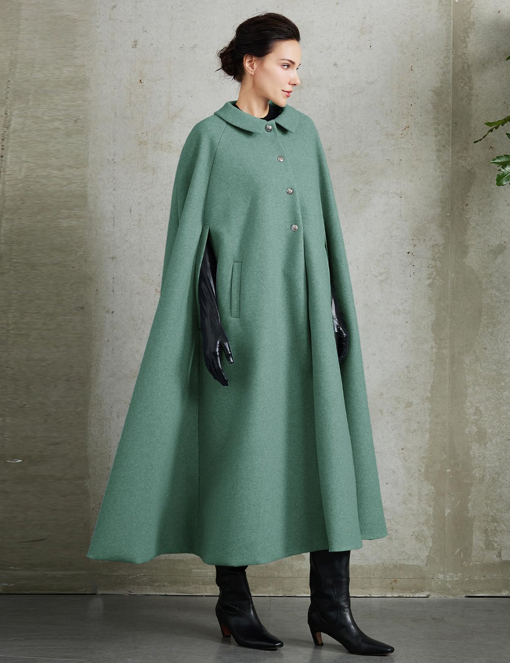 Women Wool Blend Single-Breasted Cape Coat Vintage Jacket Outwear with Pockets for Fall Winter