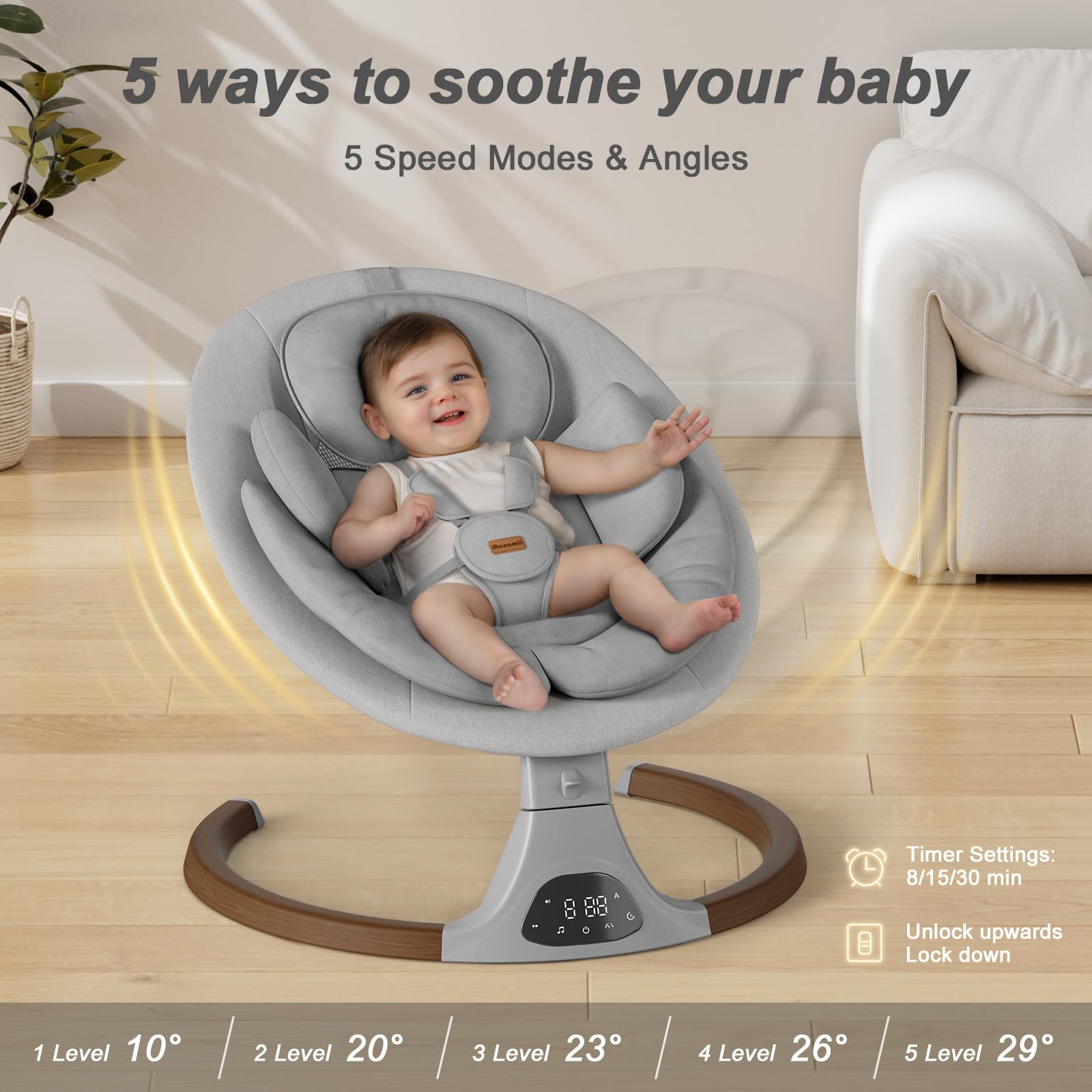 Baby Swings for Infants, Monamii Baby Swing, Infant Swing with 5 Speeds, 10 Lullabies, Electric Swing for Baby, Indoor & Outdoor Use (Beige)