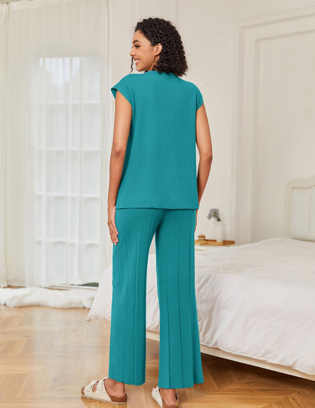 Ekouaer Lounge Sets for Women Two Piece Outfits Knit Cap Sleeve Tops Wide Leg Pleated Pants Casual Dressy Sweater Sets